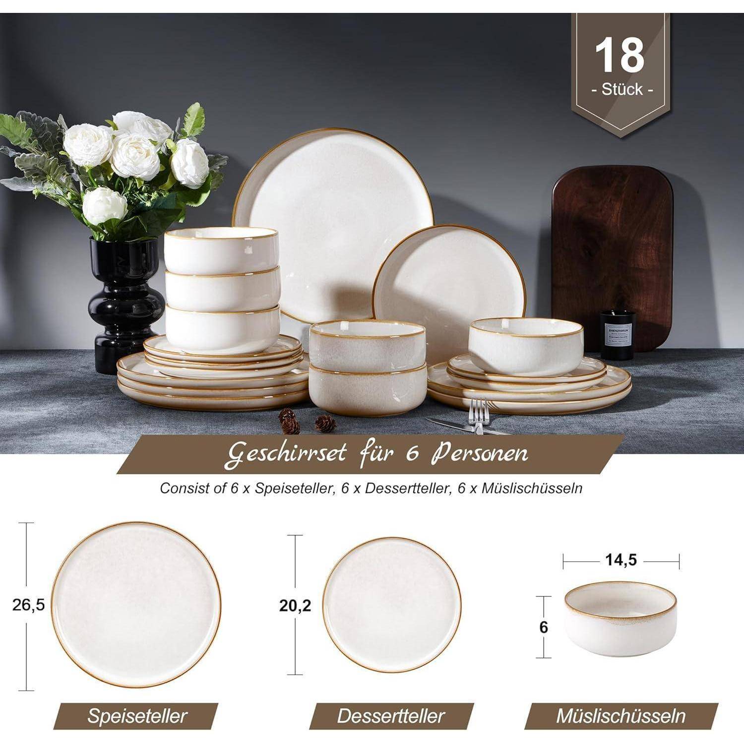 Geschirrset für 6 Personen: umfasst 6 Speiseteller, 6 Dessertteller, 6 Schalen. Ausgestattet mit einer schwarzen Vase mit weißen Blumen als Dekoration.
