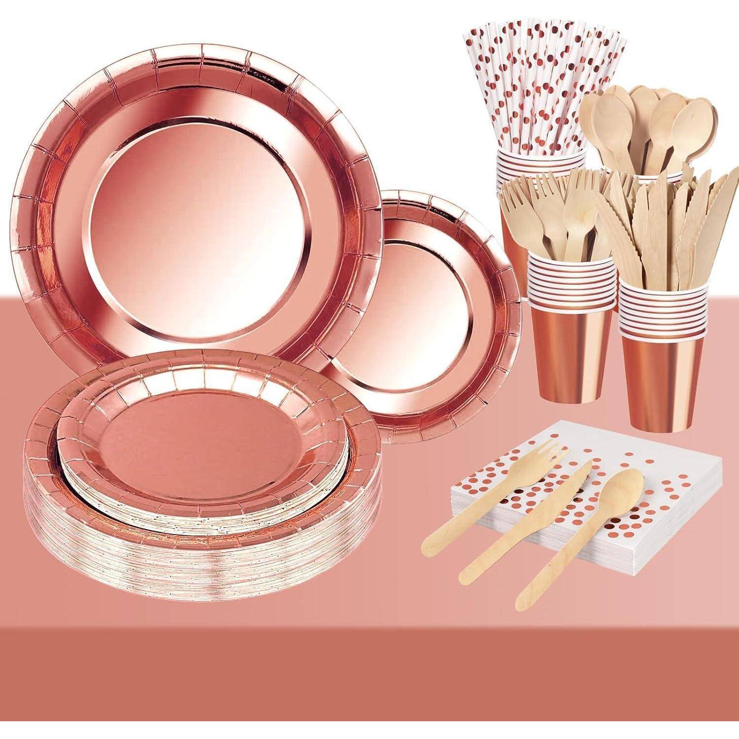 Roségold-Einweg-Party-Set mit Tellern, Bechern, Besteck, Servietten und Strohhalmen. Hergestellt aus umweltfreundlichen Materialien. Ideal für Feierlichkeiten.
