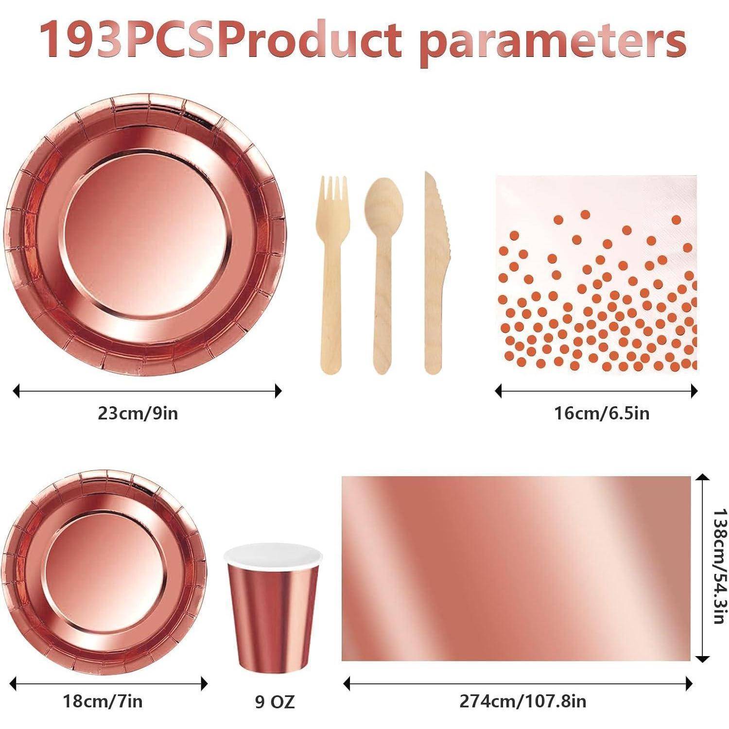 193-teiliges Produktdetails': Enthält Teller (23 cm/9 Zoll und 18 cm/7 Zoll), Besteck, einen 270 ml (9 Unzen) Becher, Servietten (16 cm/6,5 Zoll) und eine Tischdecke (274 cm/107,8 Zoll x 138 cm/54,3 Zoll) in Roségold-Farbe.