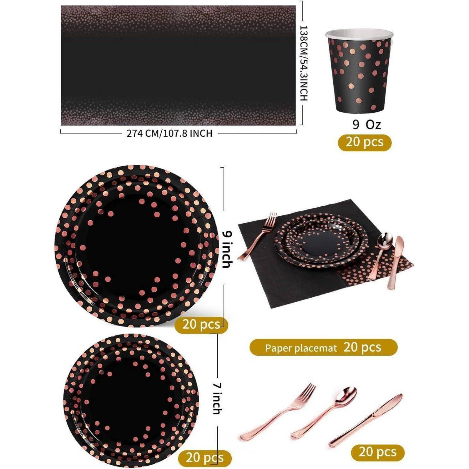 Party-Set mit schwarzer Tischdecke, roségoldenen Polka-Dot-Tellern in zwei Größen, Bechern, Besteck und Papier-Tischsets. Mengen aufgelistet.