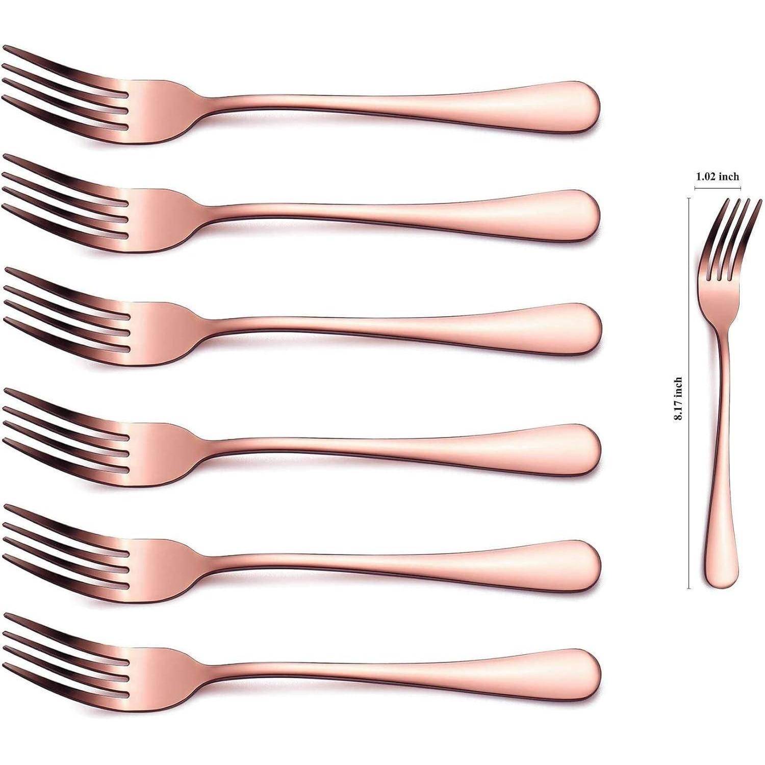 Sechs roségoldene Gabeln sind horizontal in zwei Reihen mit je drei Gabeln angeordnet. Eine Seitenansicht zeigt Maße: 8,17 Zoll lang, 1,02 Zoll breit.