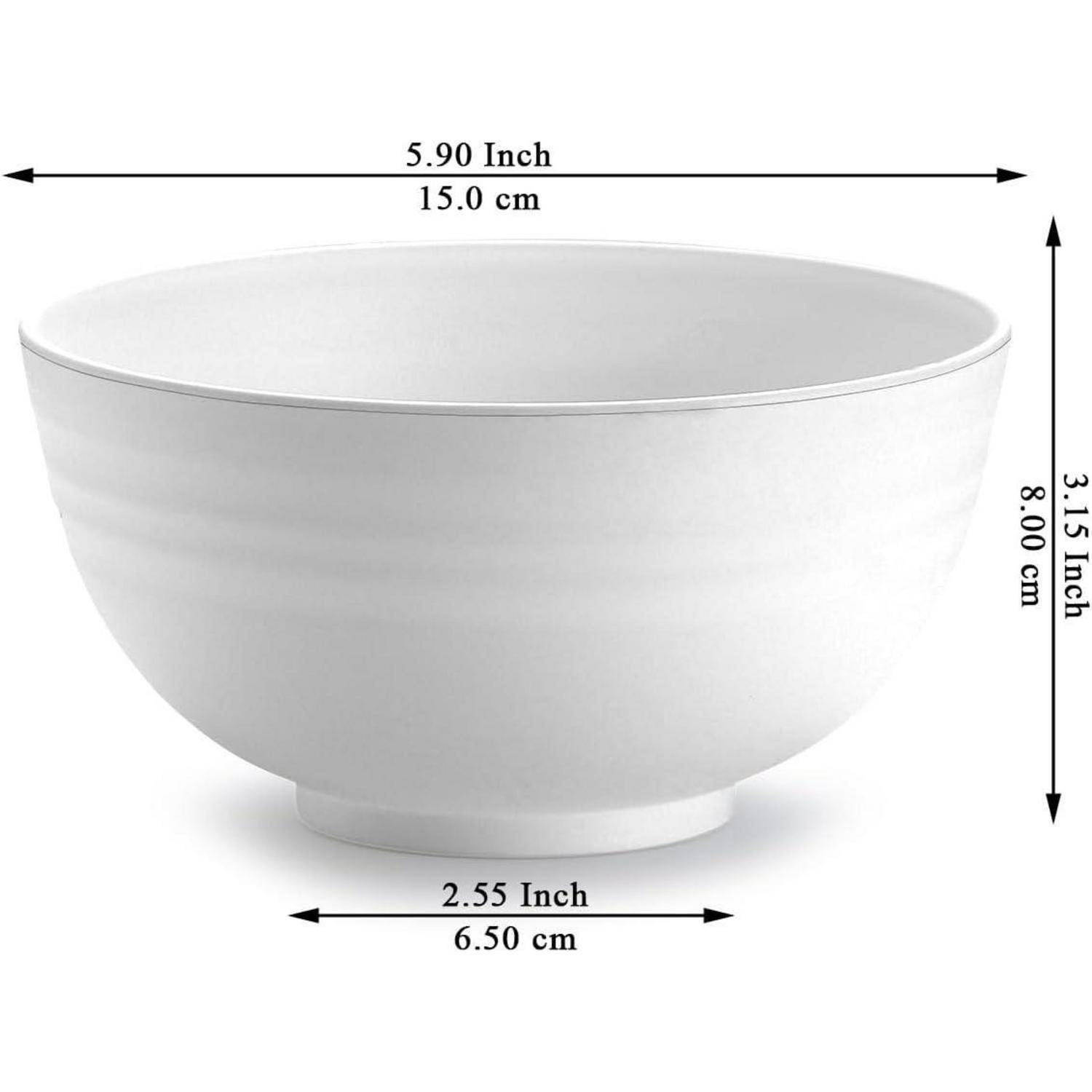 Eine weiße Schüssel mit markierten Abmessungen: 5,90 Zoll (15,0 cm) Durchmesser, 3,15 Zoll (8,0 cm) Höhe, 2,55 Zoll (6,50 cm) Basisbreite.