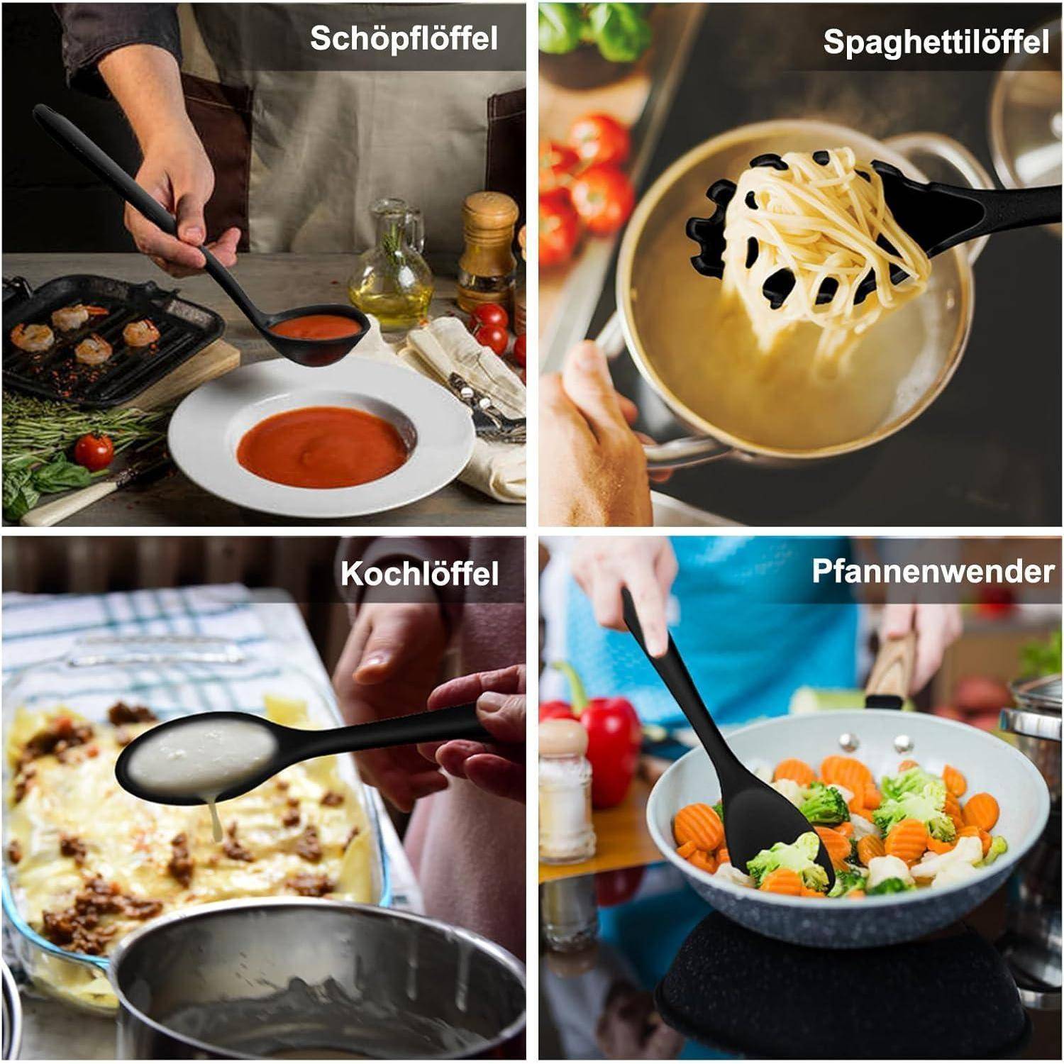Vier Bilder zeigen verschiedene Küchenutensilien: ein Schöpflöffel, der Suppe in eine Schüssel gießt, ein Spaghettilöffel mit Pasta, ein Kochlöffel mit Sauce und ein Pfannenwender, der Gemüse umrührt.
