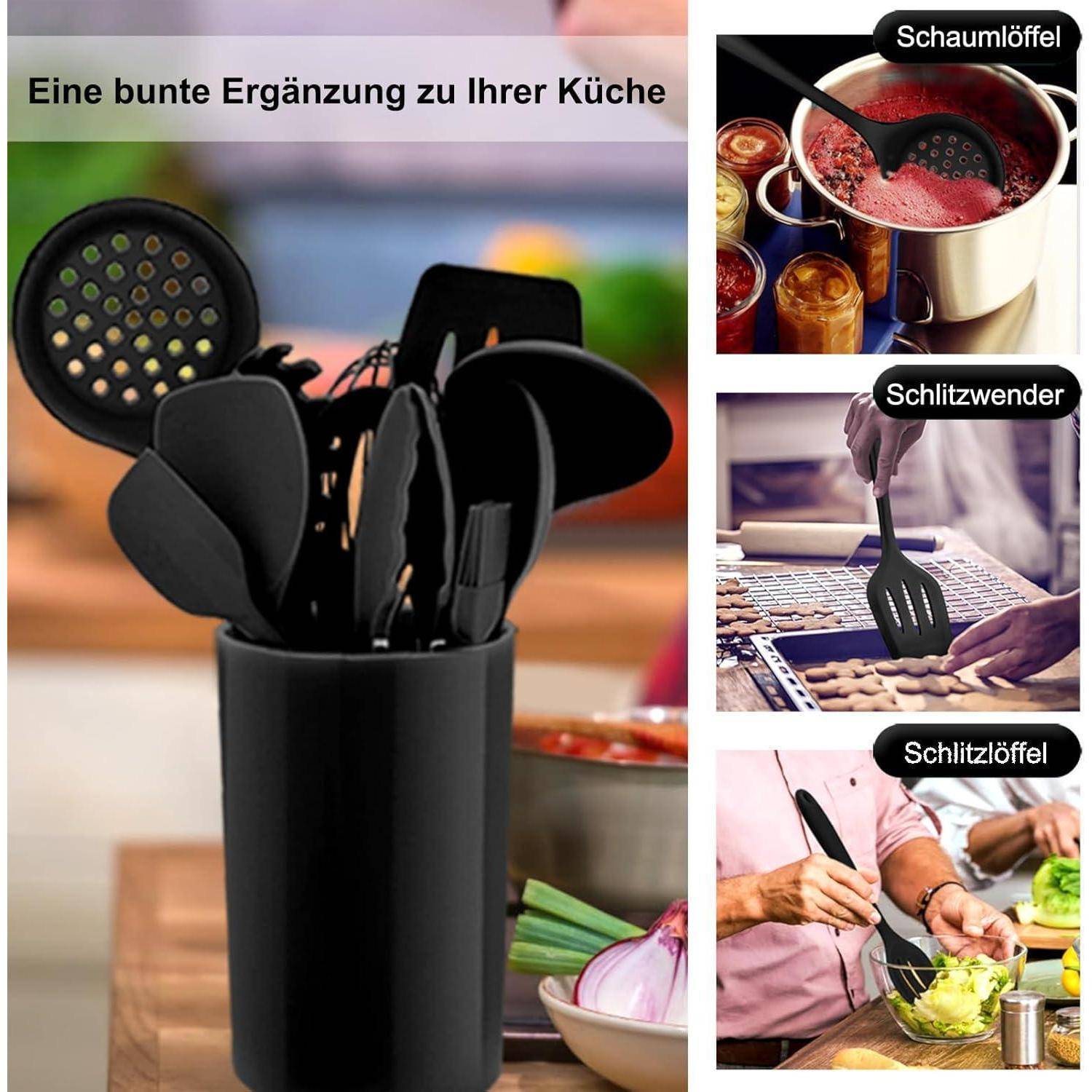 Eine Vielzahl schwarzer Küchenutensilien in einem Halter mit Bildern, die ihre Verwendung zeigen: Abseihen, Braten und Mischen.