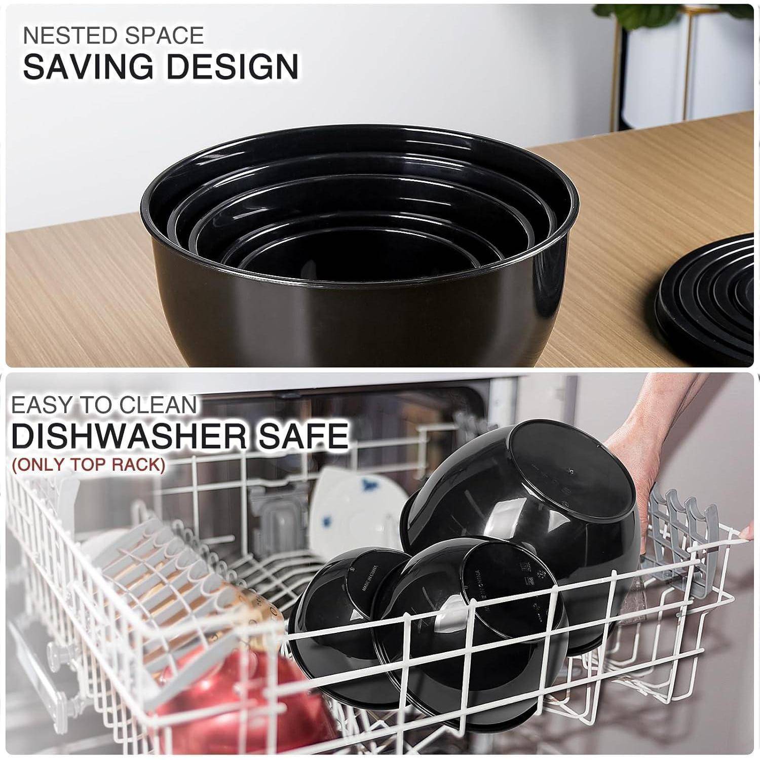 Verschachtelte Schüsseln mit platzsparendem Design auf einer Holzoberfläche. Bild unten zeigt Schüsseln in einer Spülmaschine, mit der Beschriftung ‚Leicht zu reinigen, spülmaschinenfest'.