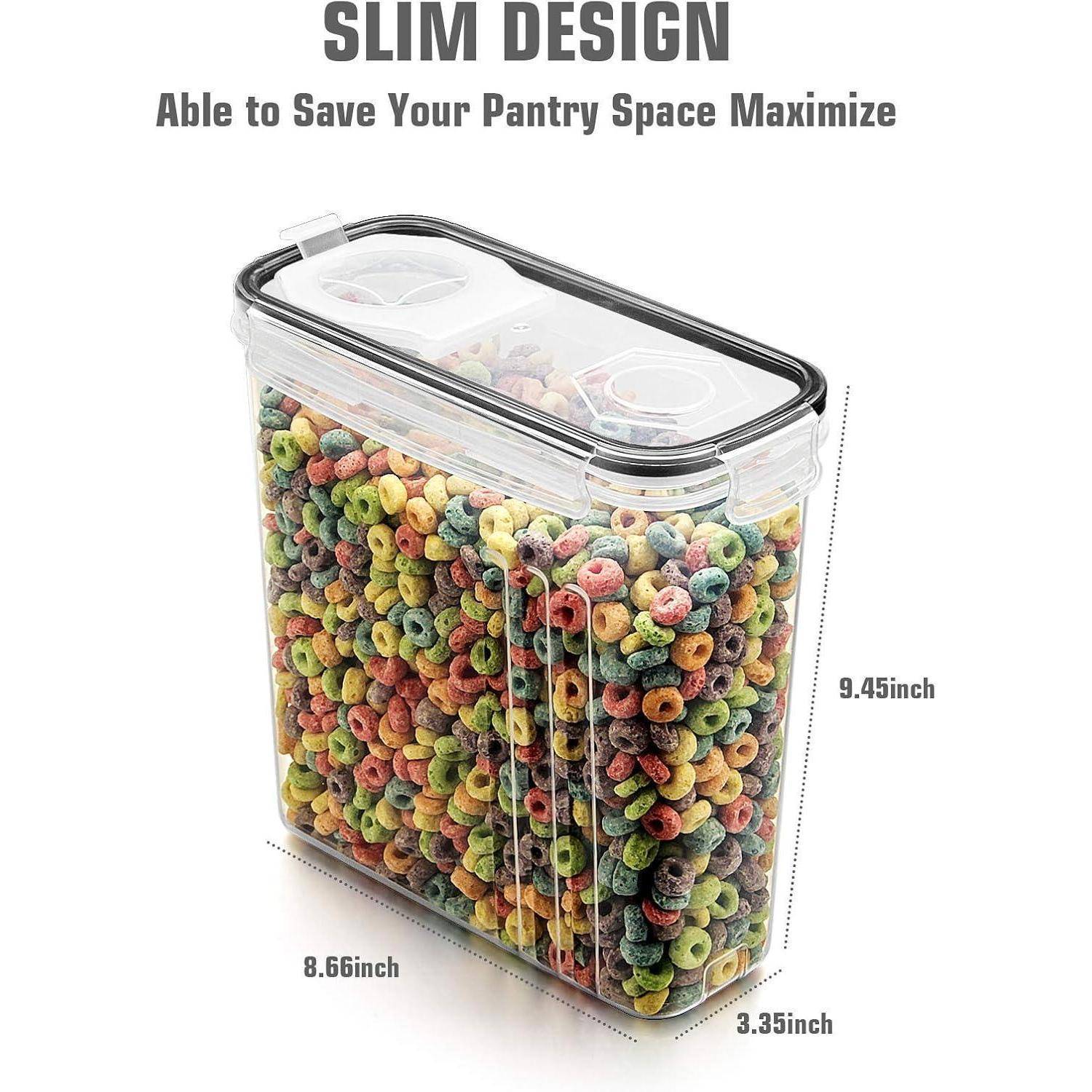 Transparente Aufbewahrungsbox gefüllt mit buntem Müsli, mit Aufschrift 'Schlankes Design' und den Abmessungen 9,45 x 8,66 x 3,35 Zoll.