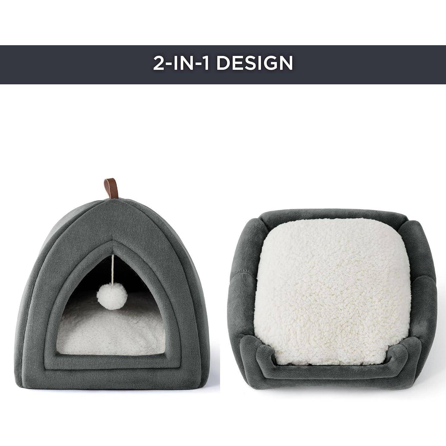 Design mit 2 Funktionen: Ein Haustierbett, das sich von einer überdachten Hütte mit hängendem Ball zu einem offenen, gepolsterten Bett verwandelt.