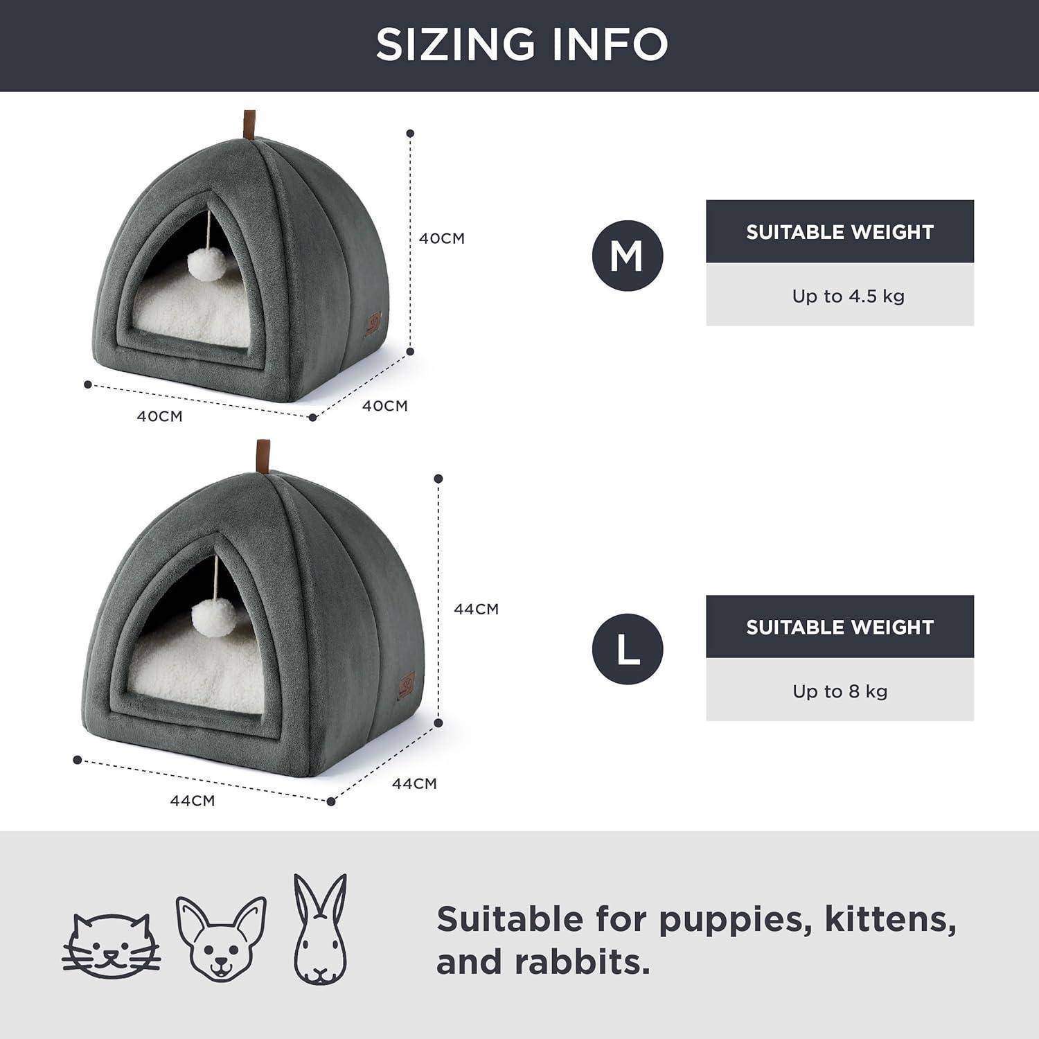 Zwei Tierbetten mit Abmessungen: Medium (40x40x40 cm) für Haustiere bis zu 4,5 kg, Groß (44x44x44 cm) für Haustiere bis zu 8 kg. Geeignet für Welpen, Kätzchen, Kaninchen.
