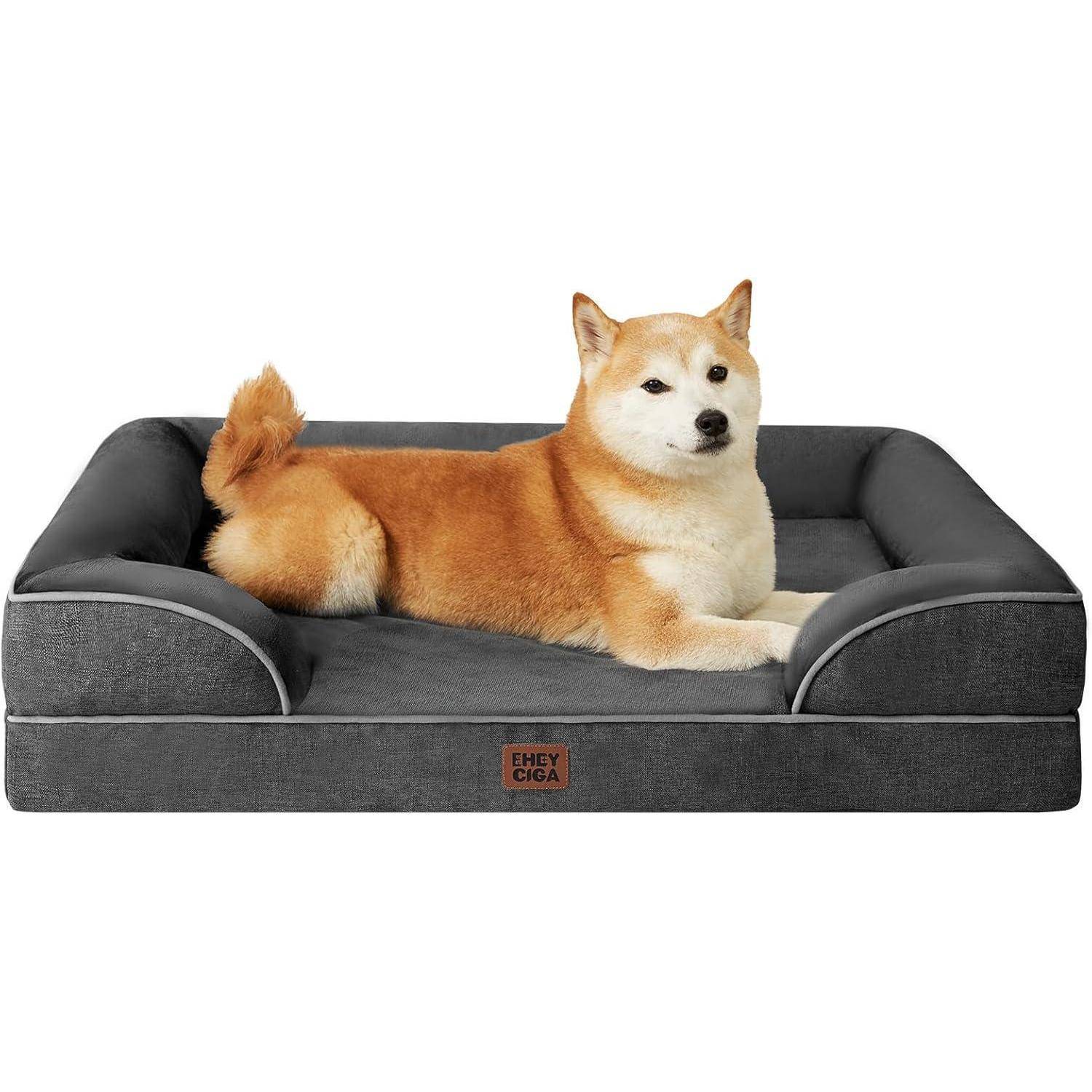 Ein Shiba Inu Hund liegt gemütlich auf einem grauen Sofa-ähnlichen Hundekörbchen und blickt entspannt in die Kamera.