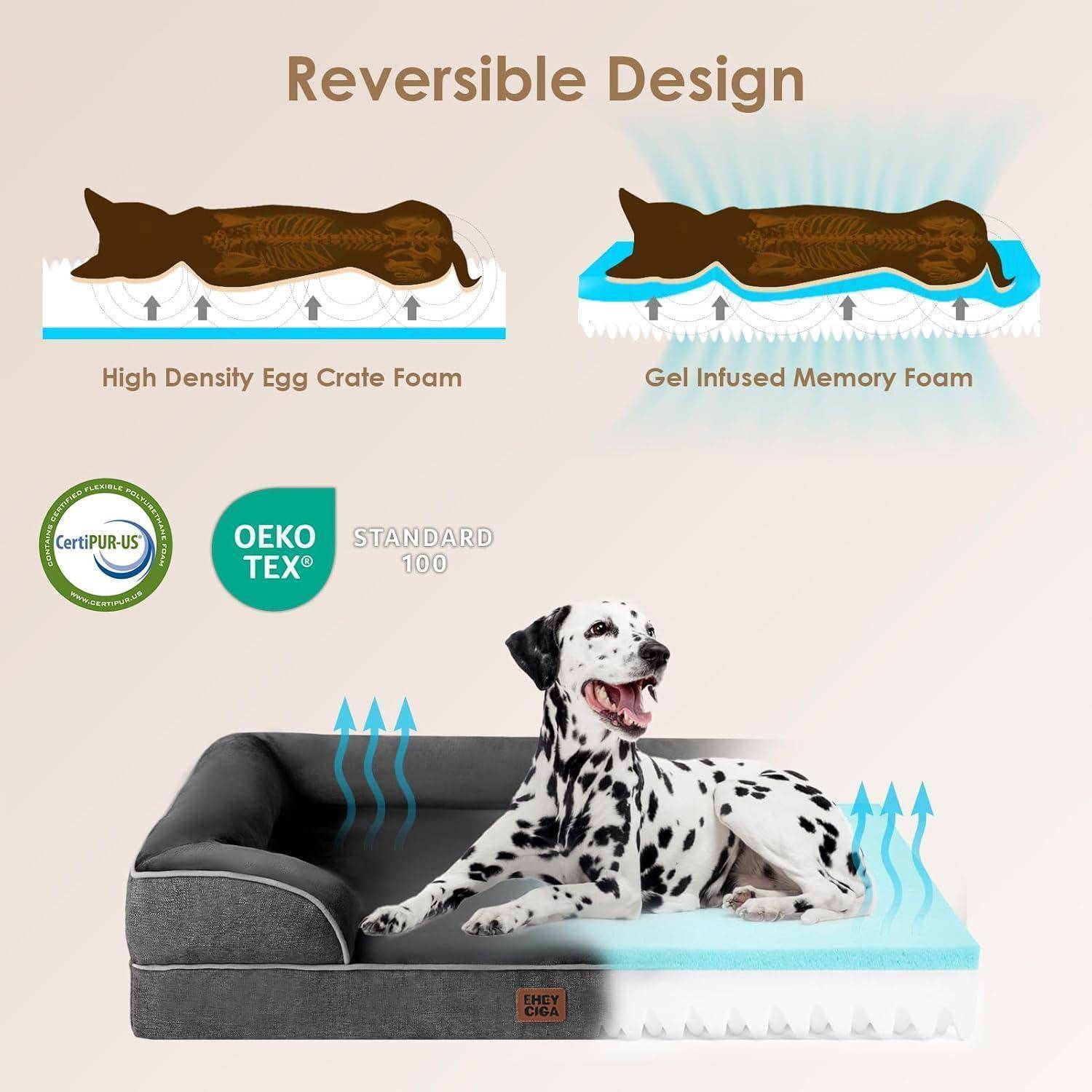 Hundebett mit umkehrbarem Design, das hochdichte Eiform-Schaum auf einer Seite und gelinfundierten Memoryschaumstoff auf der anderen Seite enthält; CertiPUR-US und OEKO-TEX zertifiziert.