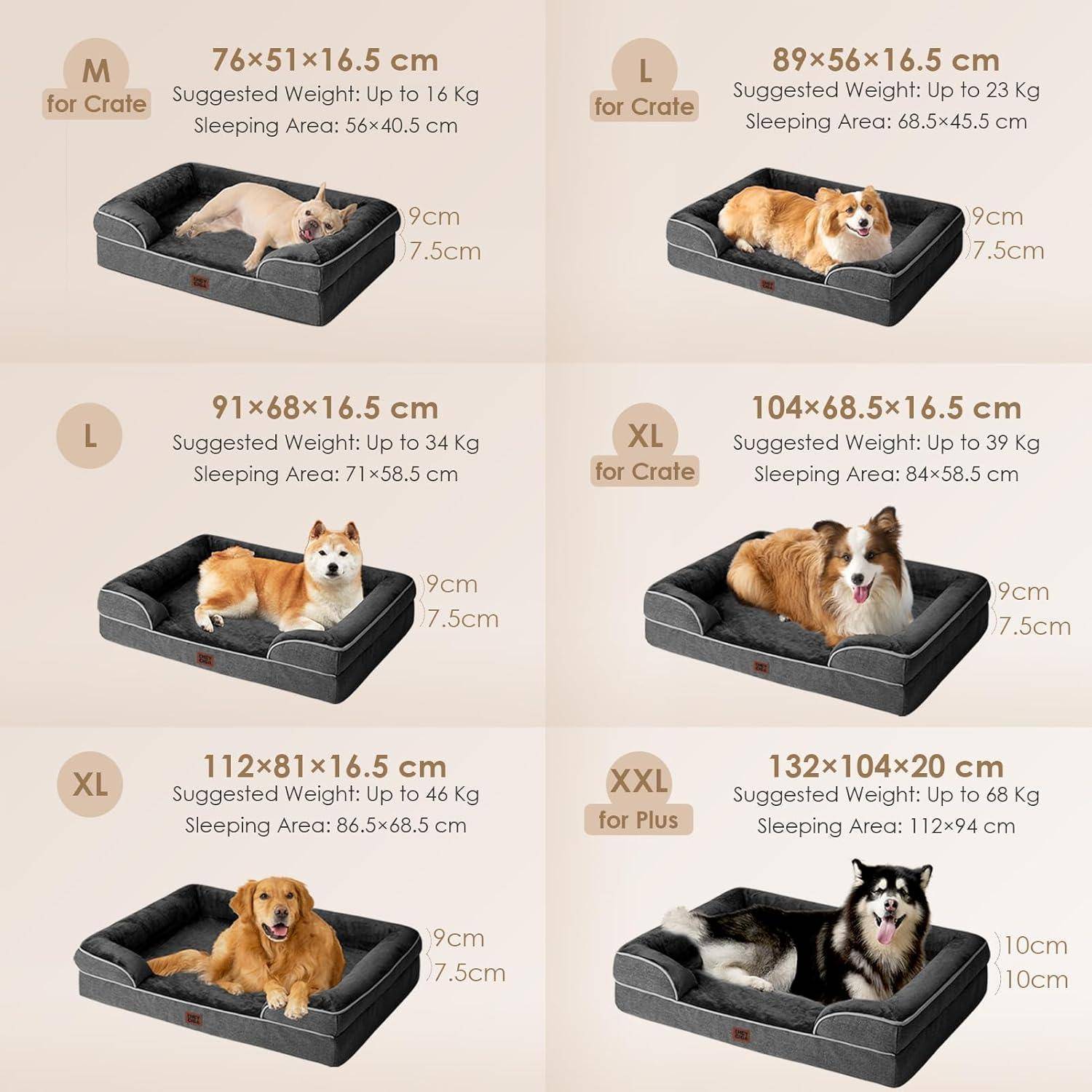 Eine Auswahl von Hundebetten, gekennzeichnet von M bis XXL, die Größen und empfohlene Gewichtsbereiche für jedes Bett zeigen. Jedes Bett ist mit einem Hund in der entsprechenden Größe ausgestattet.