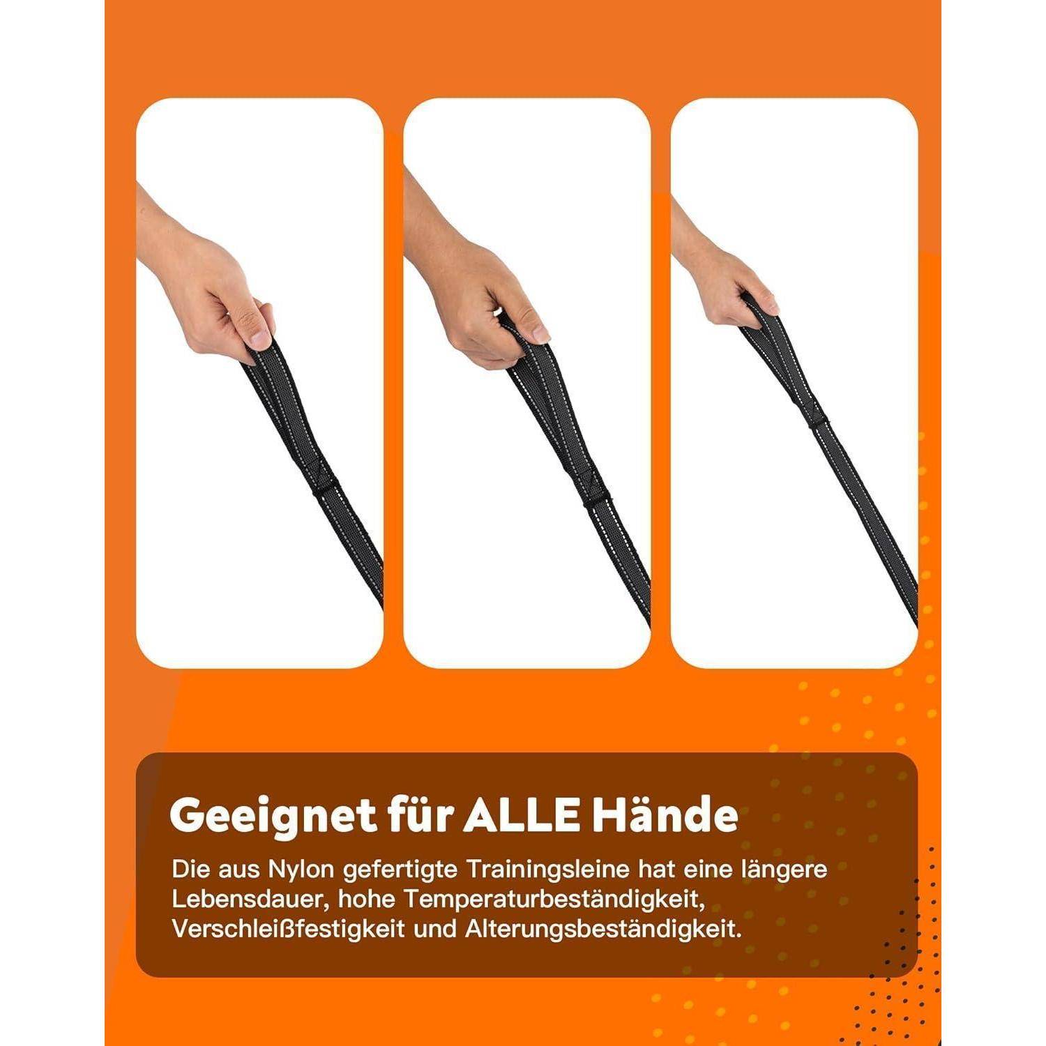 Drei Bilder zeigen Hände, die eine schwarze Nylon-Trainingsleine umfassen. Text auf Deutsch betont die Haltbarkeit und Widerstandsfähigkeit der Leine. Orange Hintergrund.