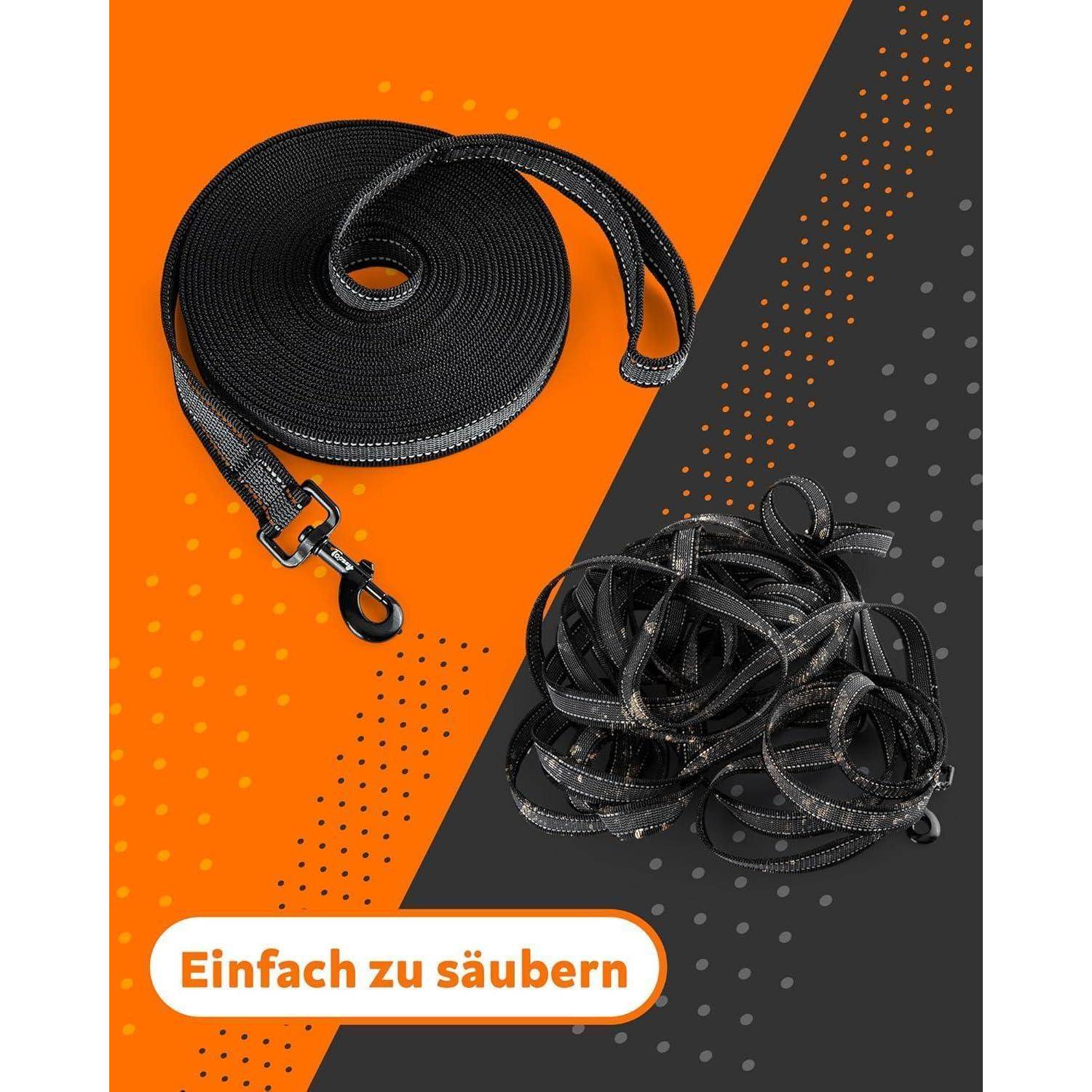 Eine Rolle mit schwarzer Leine mit Karabinerhaken auf orangefarbenem Hintergrund und eine verwinkelte Leine auf grauem Hintergrund. Text in Deutsch lautet: 'Einfach zu säubern.