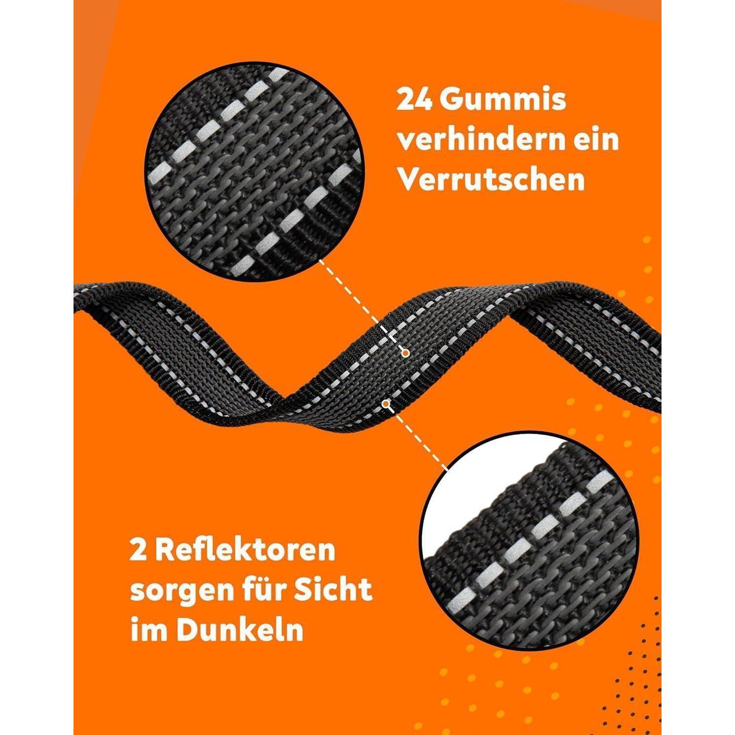 Ein flexibles Band mit schwarz-weißer Verzierung. 24 Gummigriffe verhindern das Rutschen. 2 Reflektoren sorgen für Sichtbarkeit in der Dunkelheit.