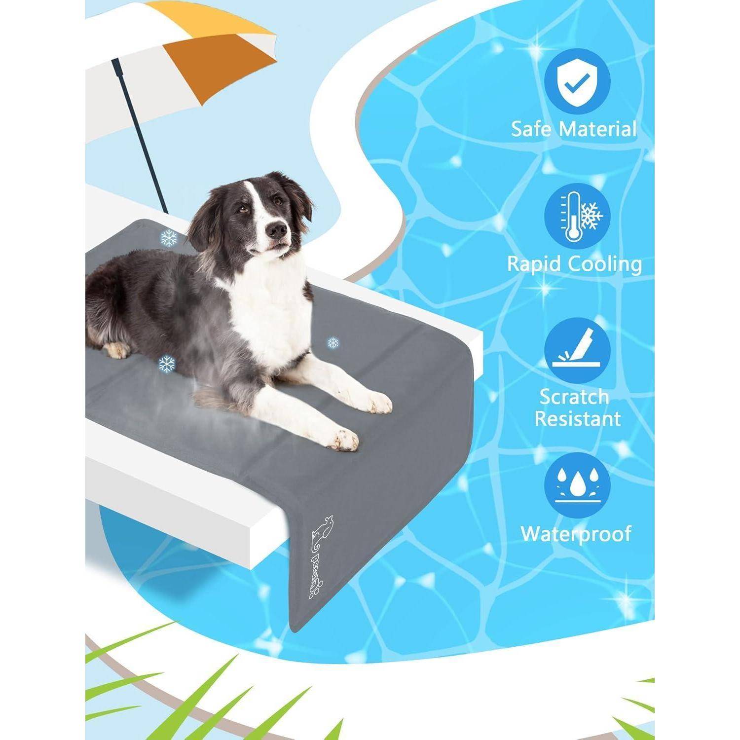 Ein Hund ruht auf einer Kühlmatte neben einem Schwimmbecken. Texthervorhebungen zeigen Merkmale: 'Sicheres Material', 'Schnelle Kühlung', 'Kratzfest', 'Wasserdicht'.
