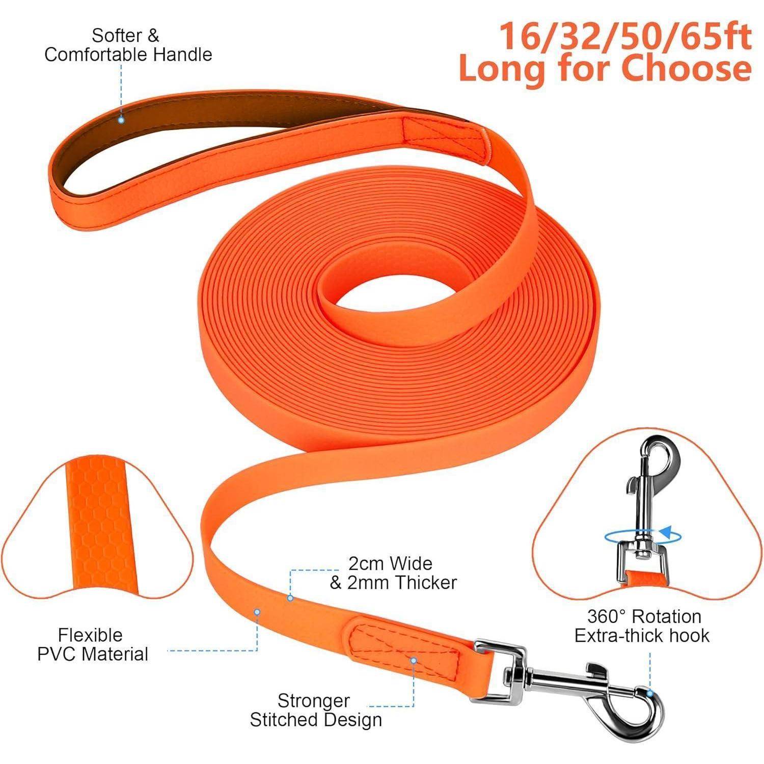 Orange Hundeleine aus flexiblem PVC, weichem Griff, extra-dicke 360° drehbare Karabinerhaken, Längen 16/32/50/65 Fuß, 2 cm breit, 2 mm dick.
