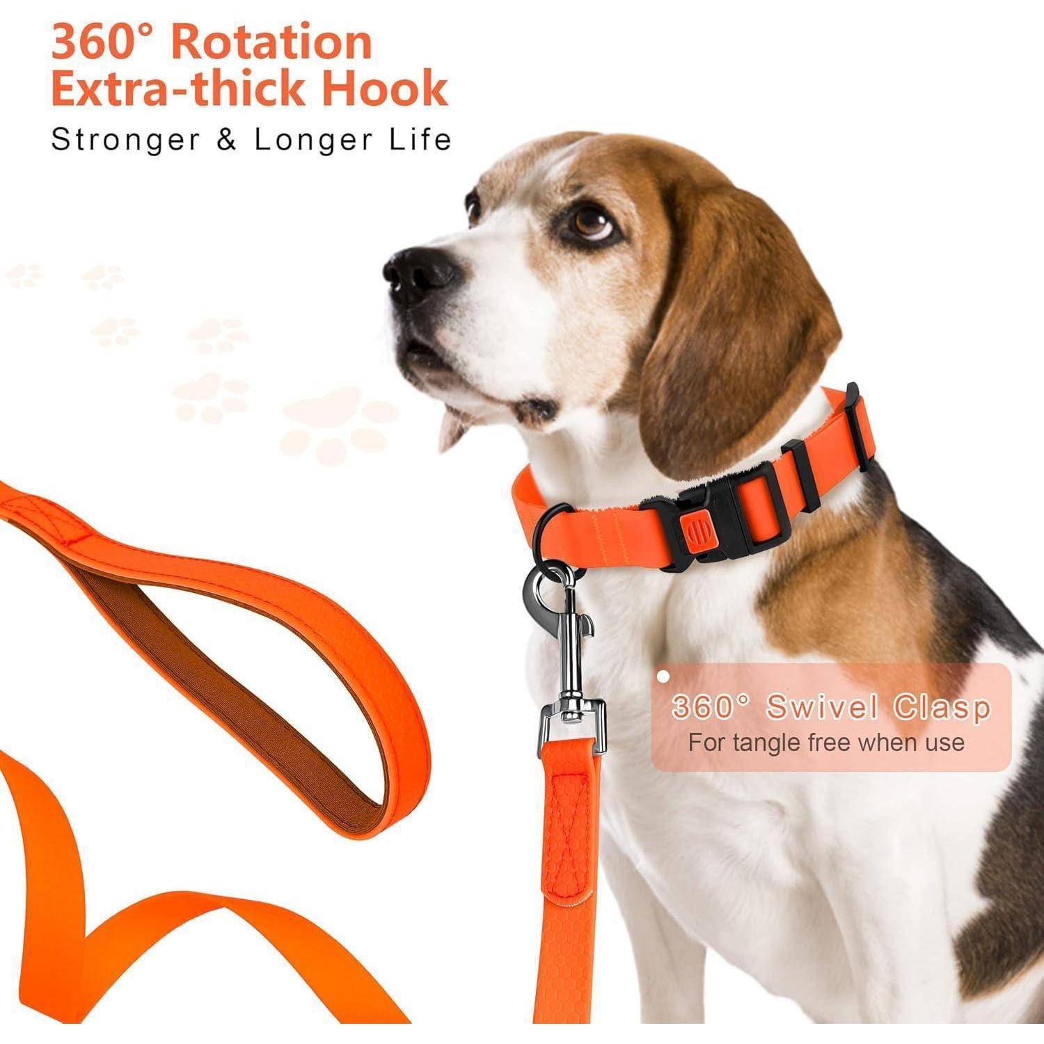 Ein Hund trägt ein Halsband mit einer Leine, ausgestattet mit einem '360° Rotations-Extra-Dicken Haken' für Langlebigkeit und einer '360° Drehbaren Klemme'.