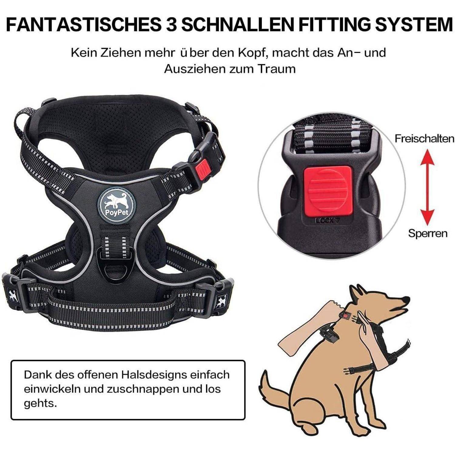 Ein Hundegeschirr mit einem 3-Schnallen-Befestigungssystem, das einen roten Verschluss-/Entriegelungsmechanismus präsentiert. Der Text beschreibt die einfache Handhabung und schnellen Einstellungen.