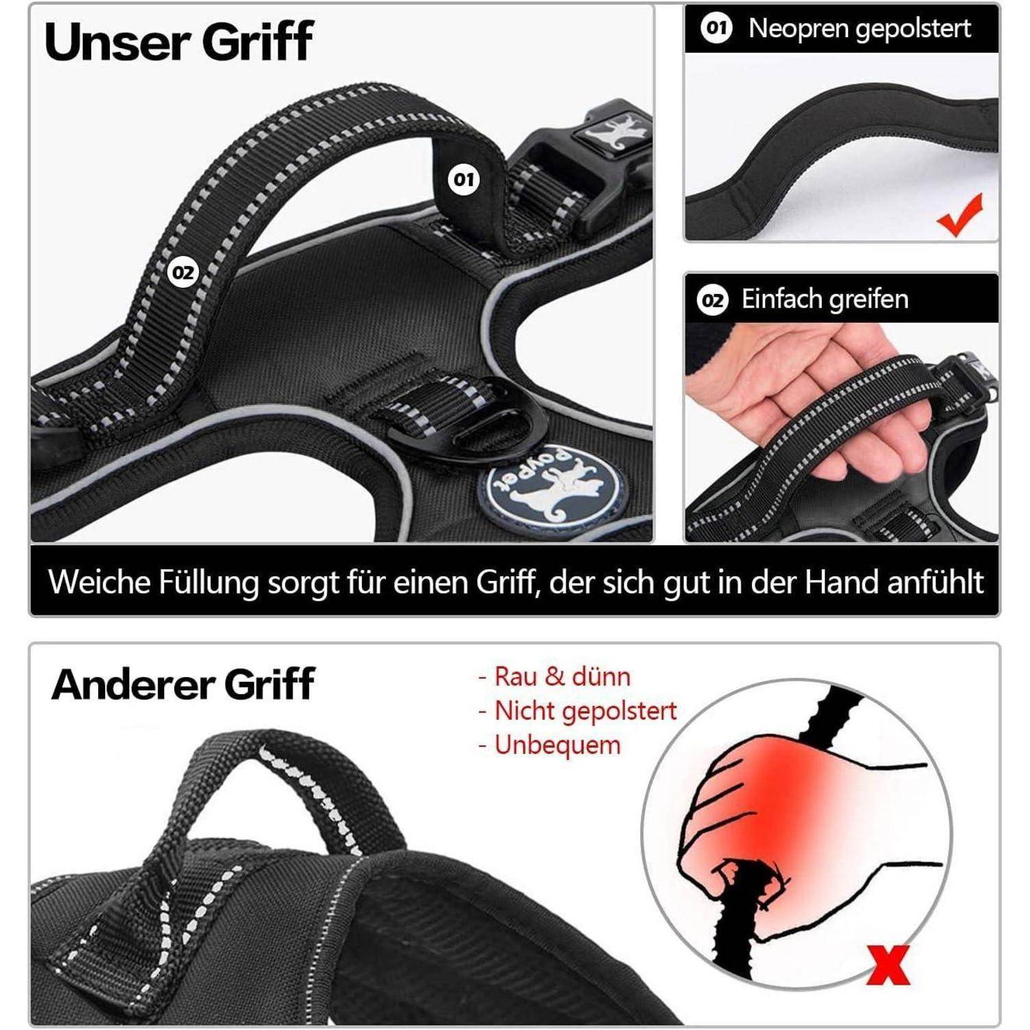 Das Bild vergleicht zwei Griffe: 'Unser Griff' mit gepolstertem Neopren, leicht und bequem; 'Anderer Griff' erscheint rau und unbequem.