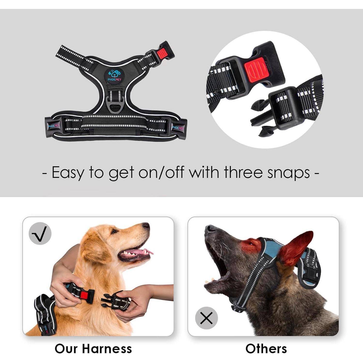 Eine Hundeleine wird gezeigt, die das Design und den Schließmechanismus präsentiert. Darunter befinden sich zwei Bilder, die die Benutzerfreundlichkeit vergleichen: 'Unsere Leine' ist an einem Hund zu sehen, während Hände sie befestigen, während 'Andere' Schwierigkeiten mit einer anderen Hundeleine zeigen. Der Text lautet: 'Leicht anzulegen und abzunehmen mit drei Schnappverschlüssen'.