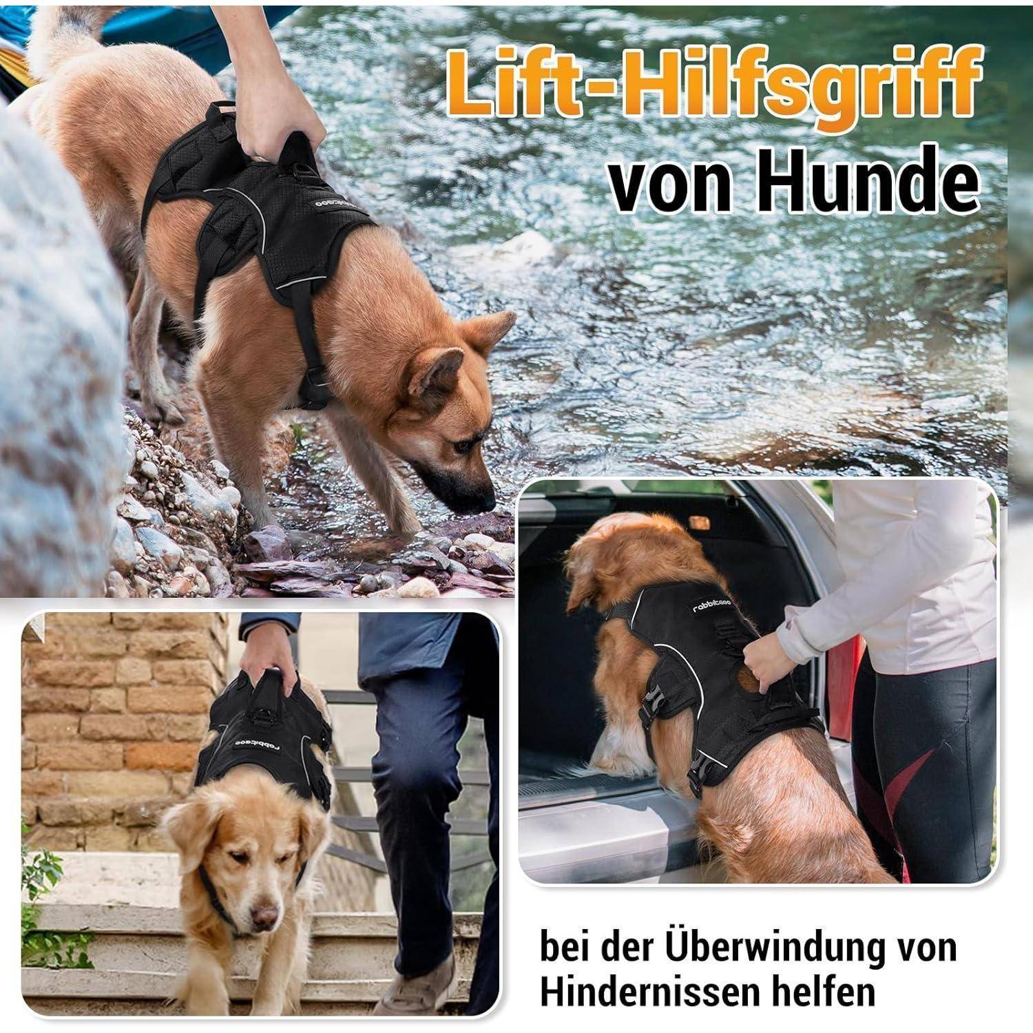 Ein Hund mit einem Geschirr wird von einer Person beim Überqueren eines Bachs getragen. Der Text lautet „Lift-Hilfsgriff von Hunde