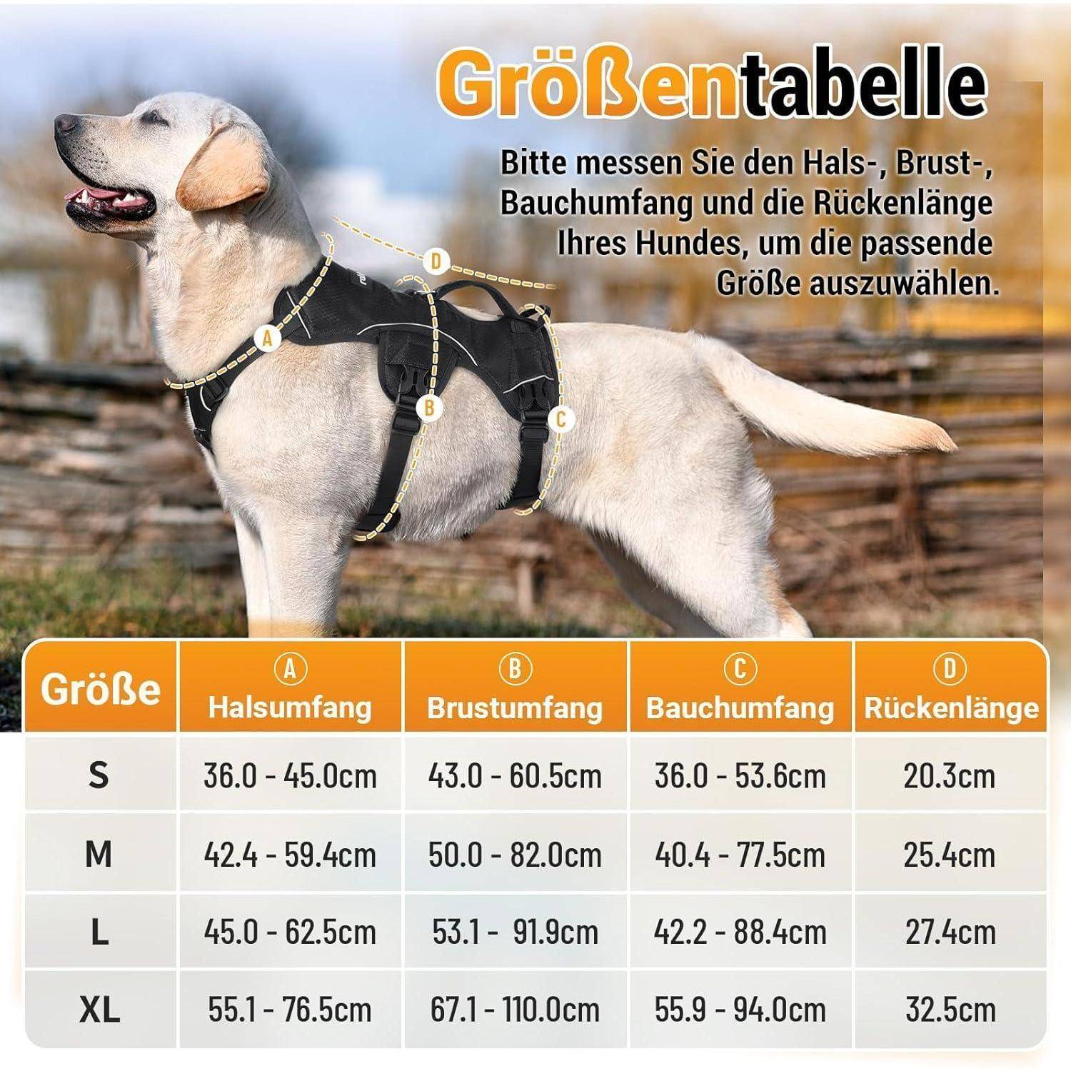 Ein Hund mit Geschirr wird verwendet, um Größenmessungen zu zeigen. Eine Tabelle listet die Größen S, M, L, XL mit Hals-, Brust-, Taille- und Rückenmessungen in Zentimetern auf.