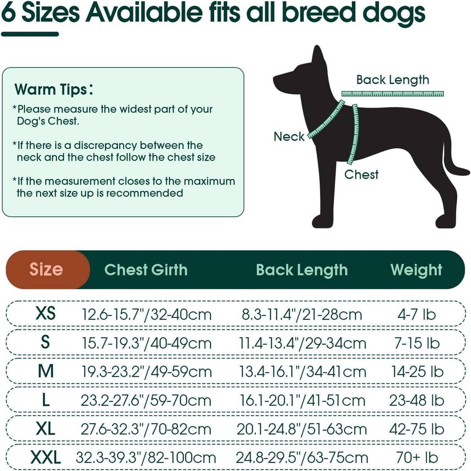 Größenführer für Hundebekleidung: misst Hals, Brust, Rücken. Größen XS bis XXL detailliert nach Brustumfang, Rückenlänge, Gewicht.