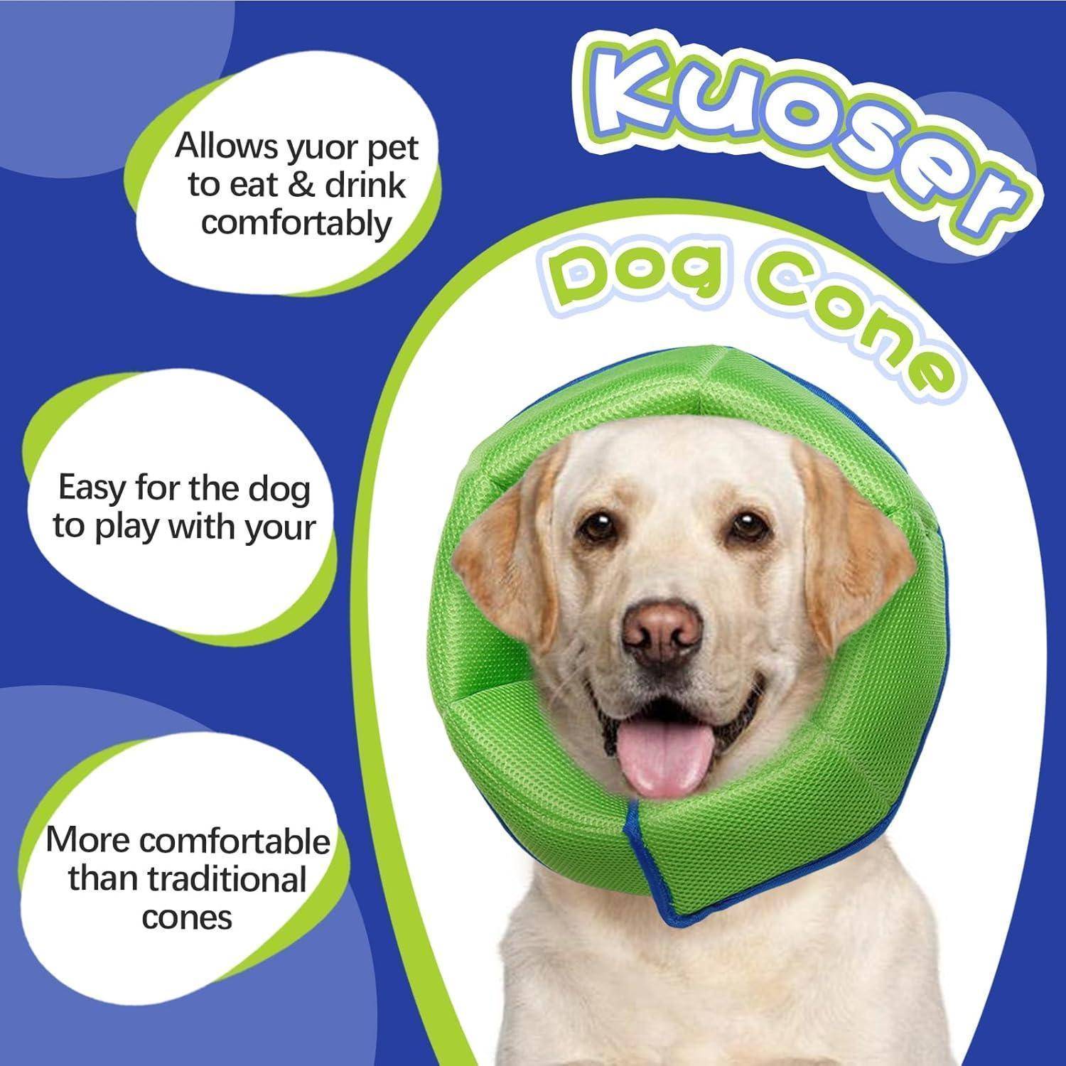 Ein Golden Retriever, der einen grünen 'Kuoser Hundekragen' trägt. Der Text hebt hervor, wie komfortabel er beim Essen, Trinken und Spielen im Vergleich zu herkömmlichen Trichtern ist.