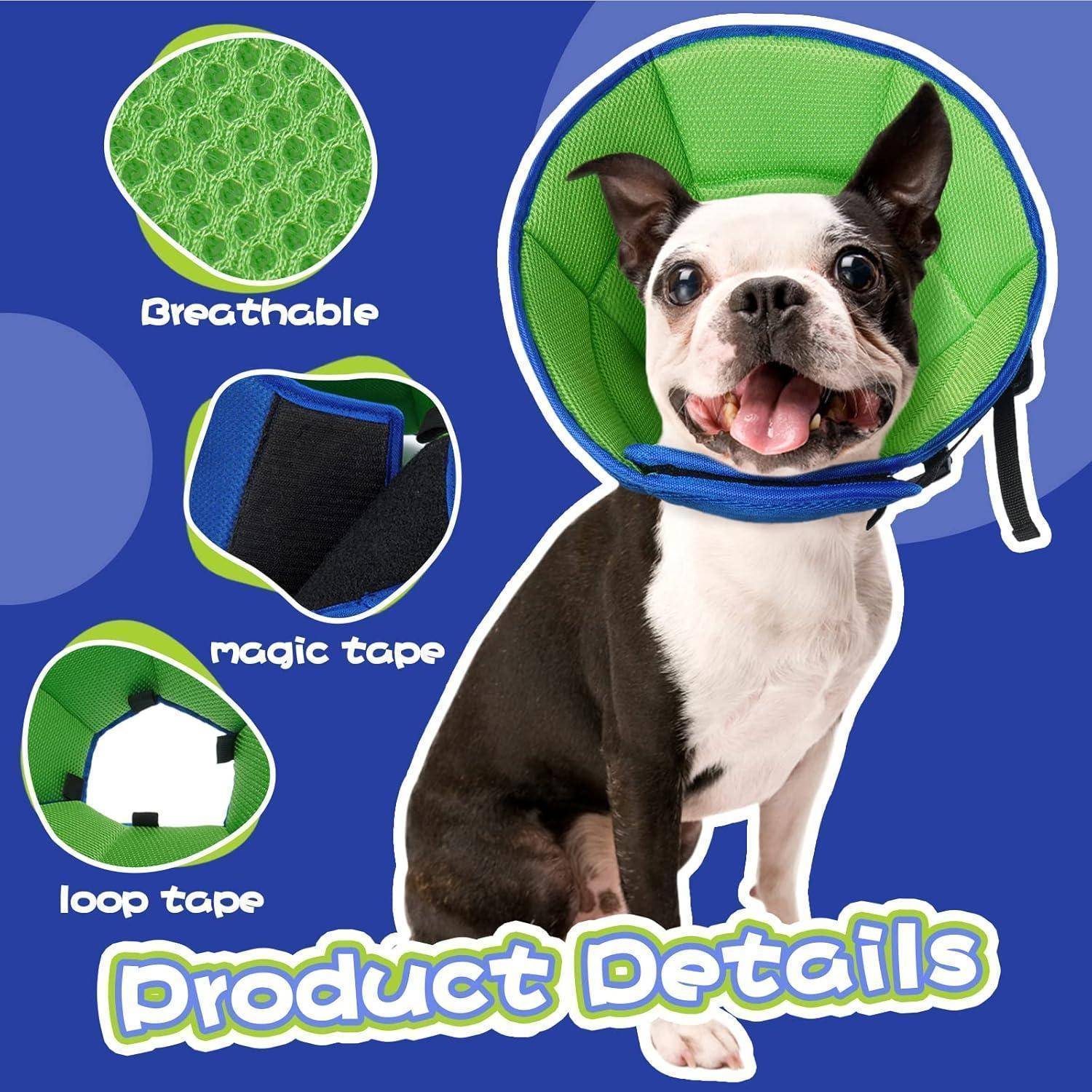 Ein Hund mit einem Schutzkragen, mit Texthervorhebungen: 'Atmungsaktiv', 'Zaubertape', 'Schlaufenband'. Titel lautet 'Produktdetails'.