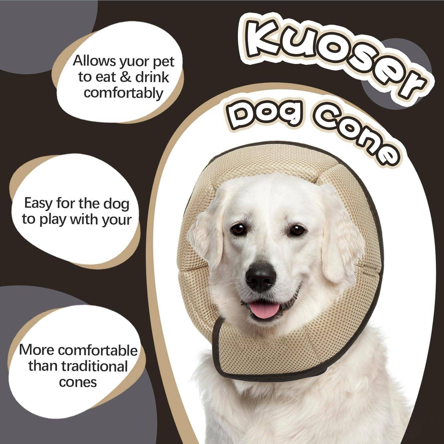 Ein Hund trägt einen bequemen beigen Kegel für einfaches Essen, Trinken und Spielen, wobei der Text 'Kuoser Hunde-Kegel' dessen Vorteile hervorhebt.