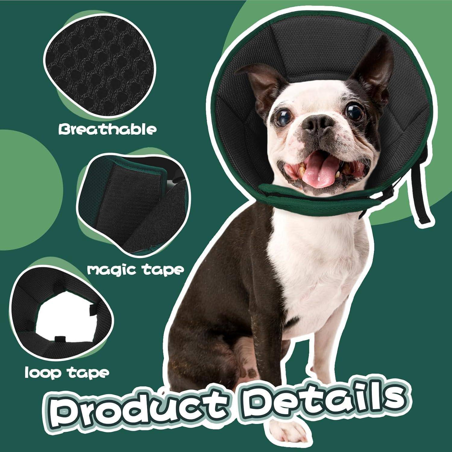 Ein Hund mit einem grünen und schwarzen Schutzhalsung. Eingesetzte Bilder zeigen 'Atmungsaktiv', 'Zauberbandverschluss' und 'Schlaufenband' Funktionen. Text lautet 'Produktdetails'.