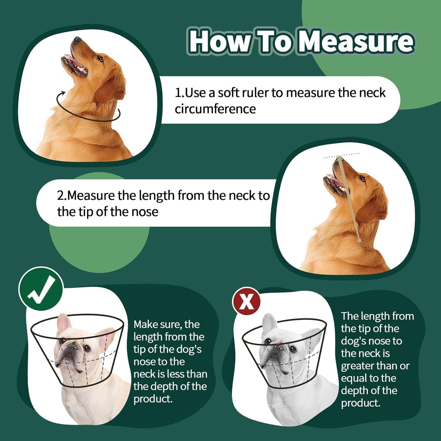Wie man misst' Anleitung für Hunde: 1. Verwenden Sie ein weiches Maßband, um den Halsumfang zu messen. 2. Messen Sie die Länge vom Hals bis zur Nasenspitze. Stellen Sie sicher, dass diese Länge kleiner oder gleich der Tiefe des Produkts ist.