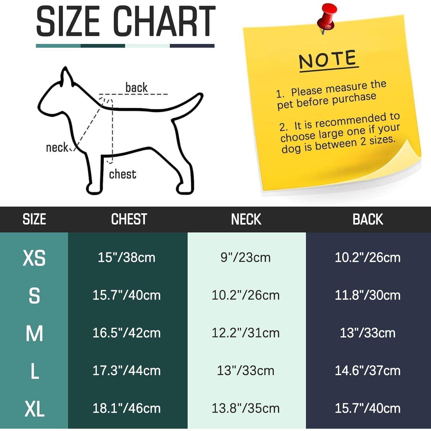 Größentabelle für Hundebekleidung umfasst XS bis XL. Messungen in Zoll und Zentimetern für Brust, Hals und Rücken. Hinweis empfiehlt Vermessen des Haustieres vor dem Kauf.