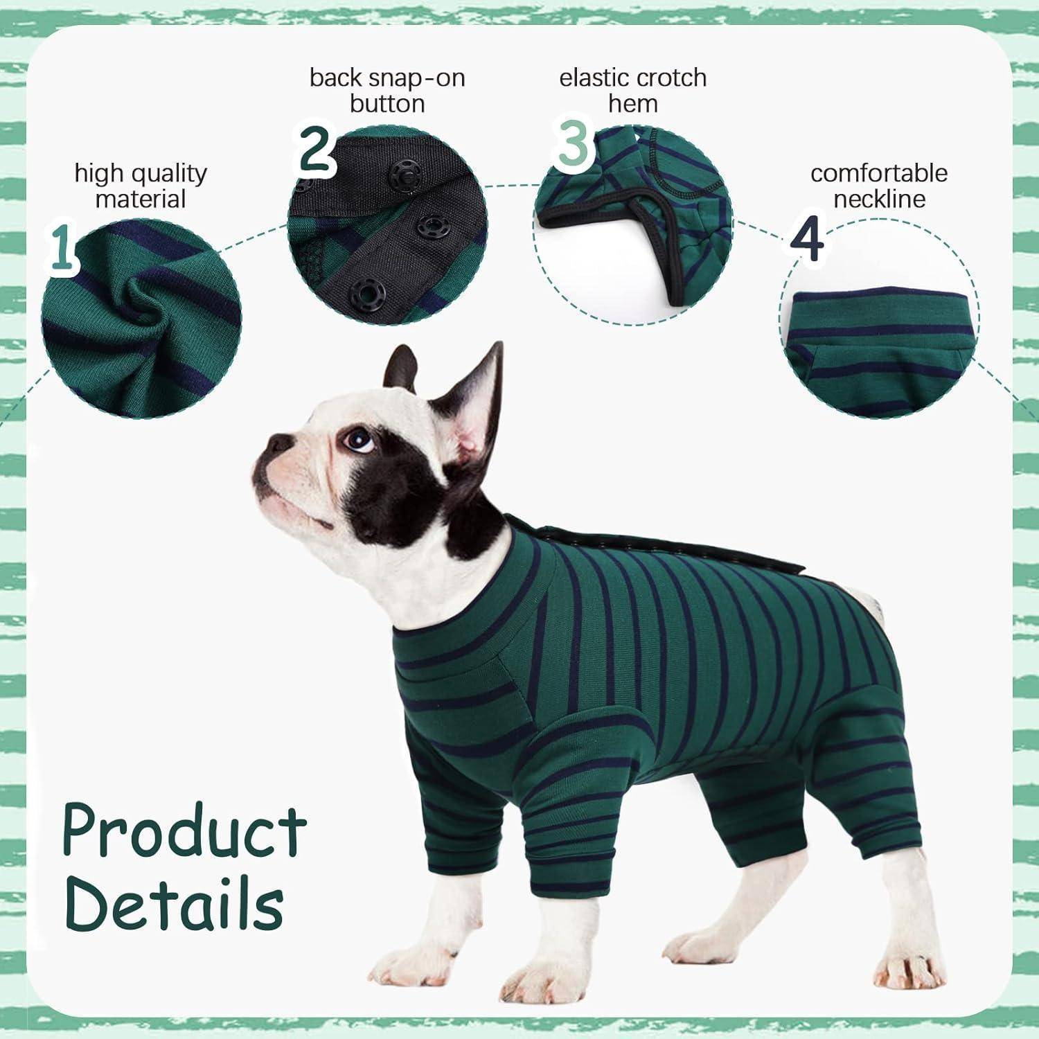 Ein Hund trägt einen gestreiften Anzug. Eingesetzte Bilder heben die Merkmale des Outfits hervor: hochwertige Materialqualität, rückseitige Druckknöpfe, elastischer Schrittsaum und ein bequemer Kragen. Text lautet 