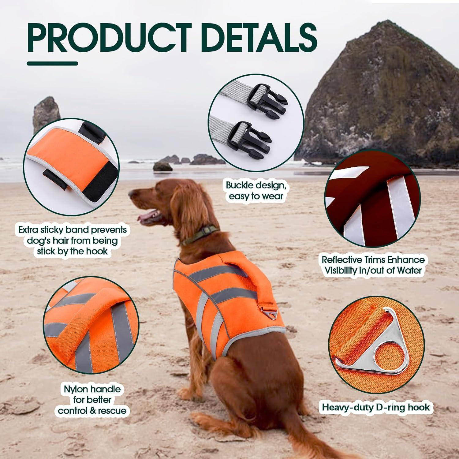 Ein brauner Hund am Strand trägt eine orangefarbene Schwimmweste mit Seitenbändern, Schnalle, Griff, Verzierung und einem D-Ring.