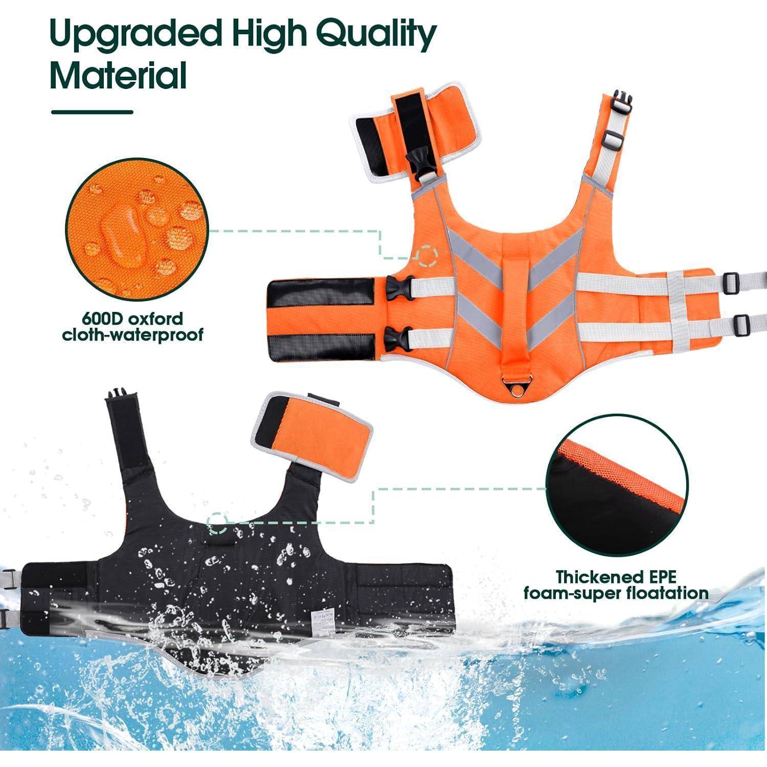 Lebensrettungsweste mit 'Hochwertigem Upgegradeten Material' in den Farben Orange und Schwarz, hergestellt aus wasserdichtem 600D Oxford-Stoff und EPE-Schaum zur Auftriebssicherung.