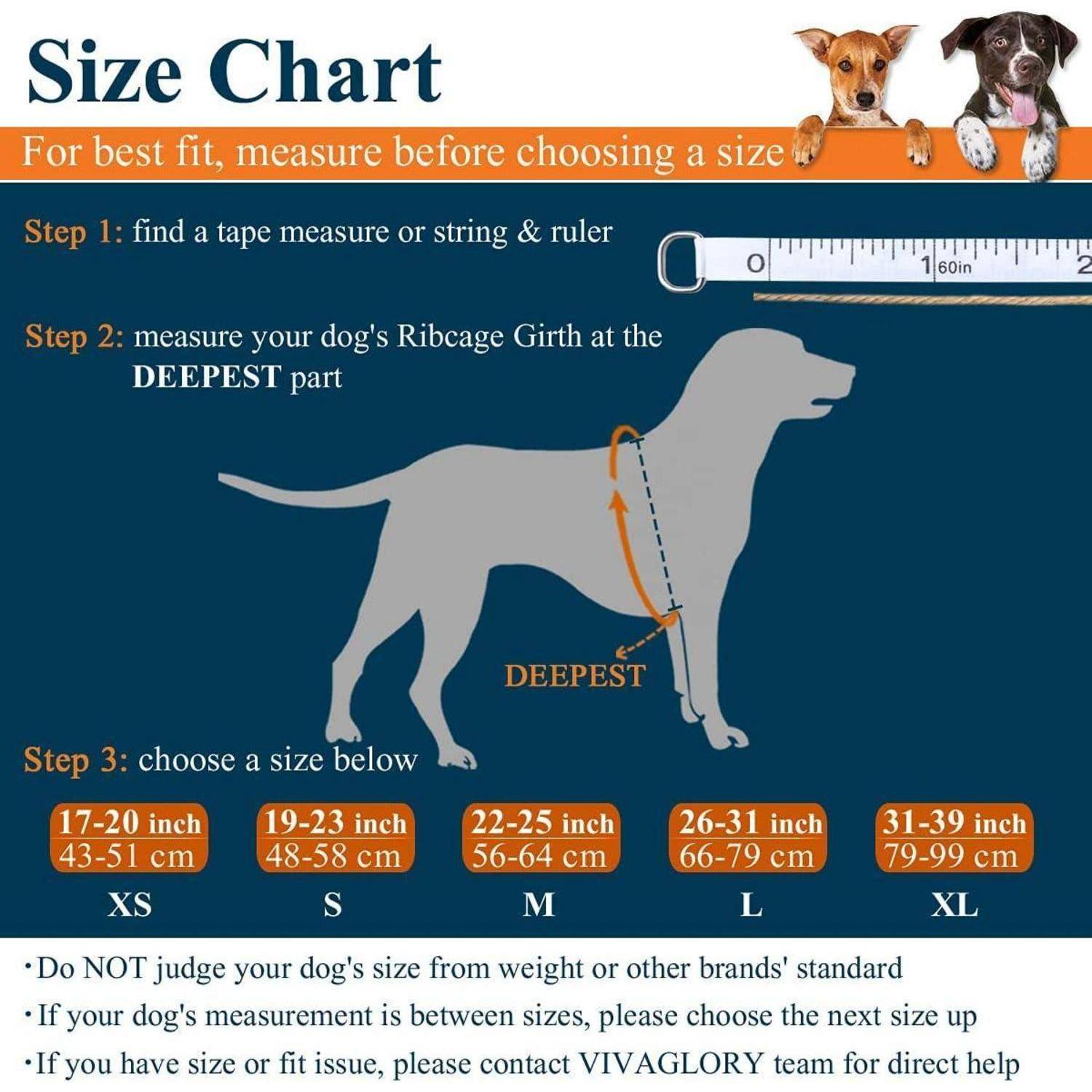 Größentabelle: Messen Sie den Brustumfang des Hundes an seiner breitesten Stelle. Wählen Sie die Größe (XS-XL) entsprechend der Tabelle. Die Maßbandlinie zeigt die richtige Platzierung.