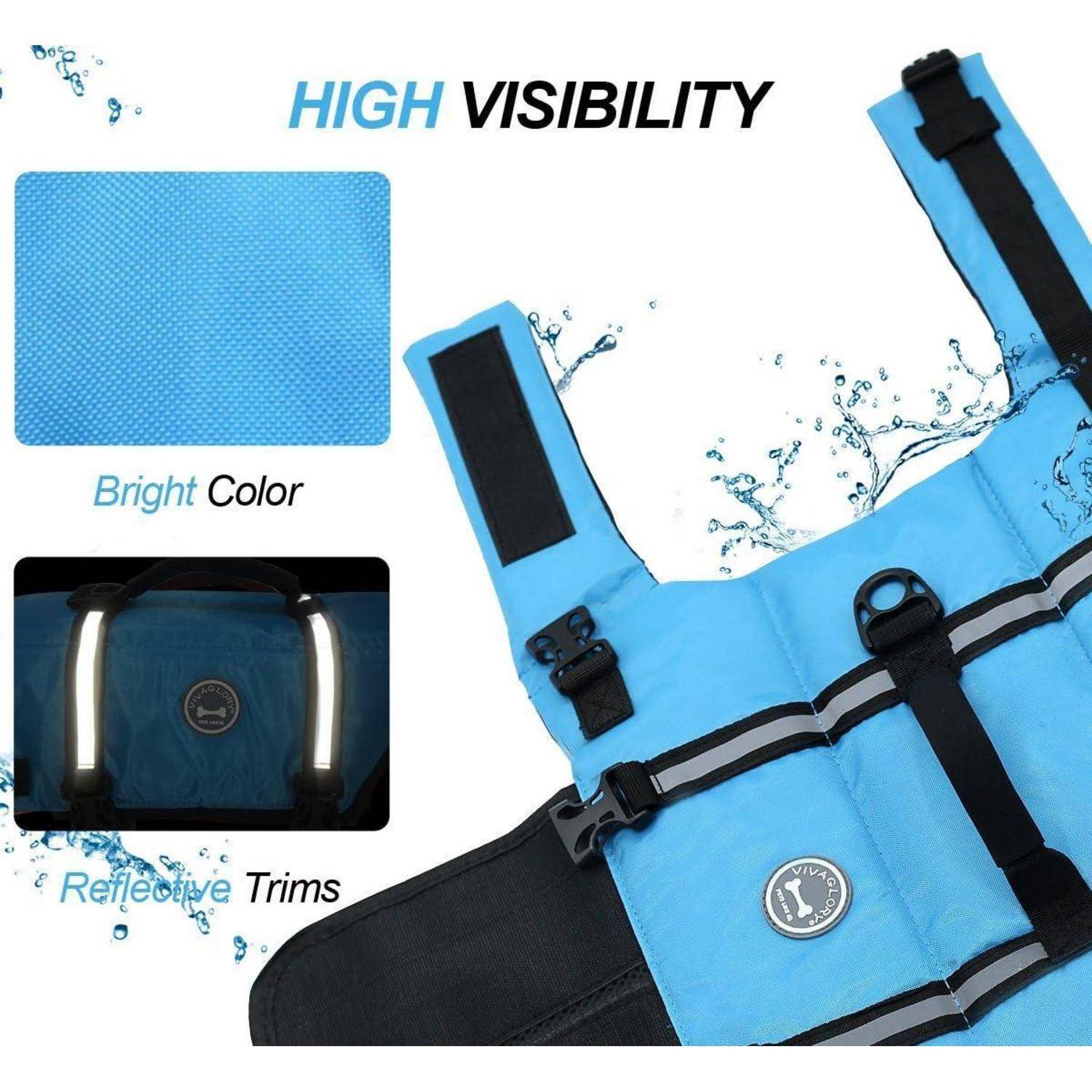 Ein 'High Visibility'-Bild, das eine blaue Warnweste mit reflektierenden Einfassungen und hellen Farben zur verbesserten Sicherheit und Sichtbarkeit zeigt.