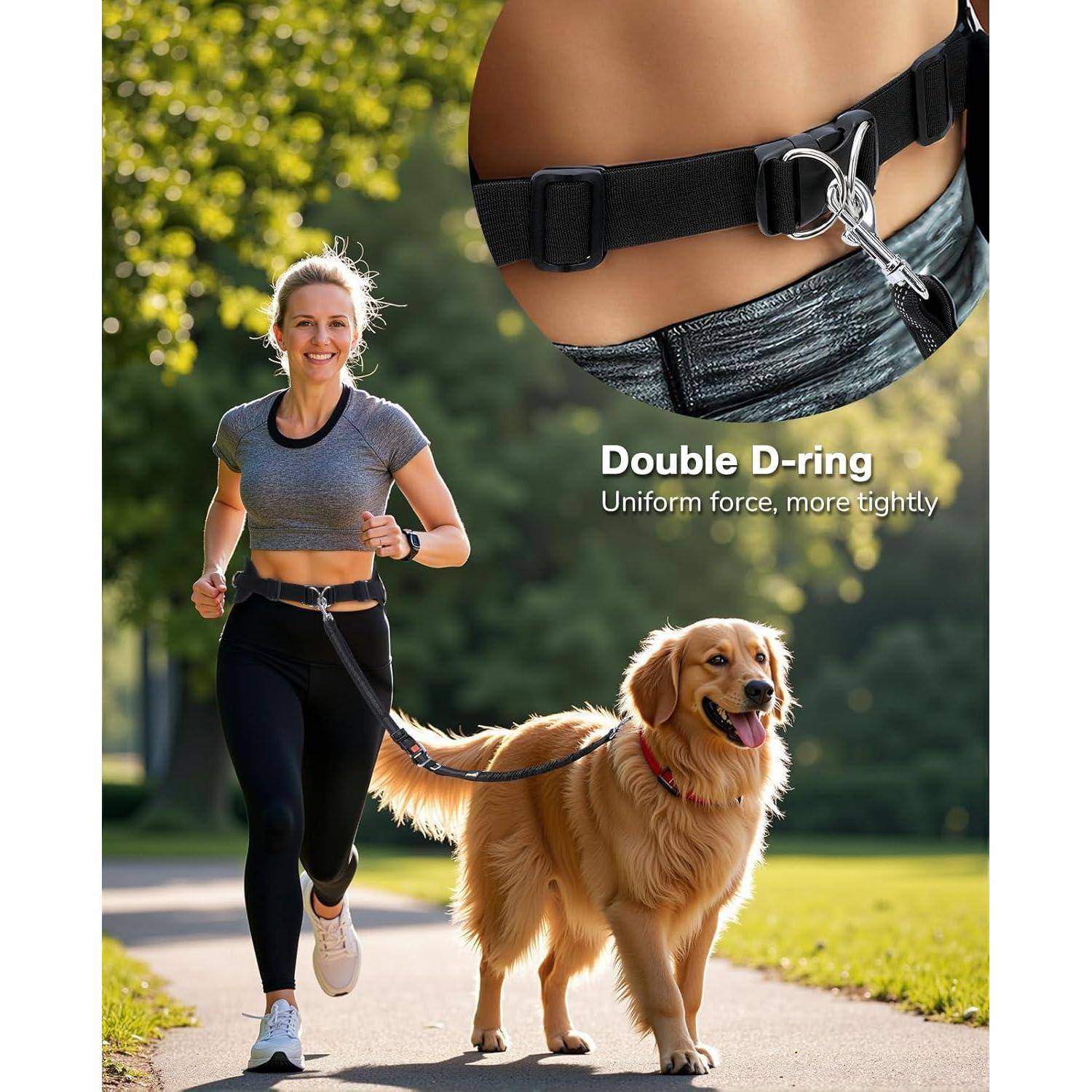 Eine Frau in Sportkleidung joggt mit einem Hund, der durch eine Leine an einem 'Double D-Ring'-Gürtel an ihrer Taille befestigt ist. Sonnenbeschienener Parkweg im Hintergrund.