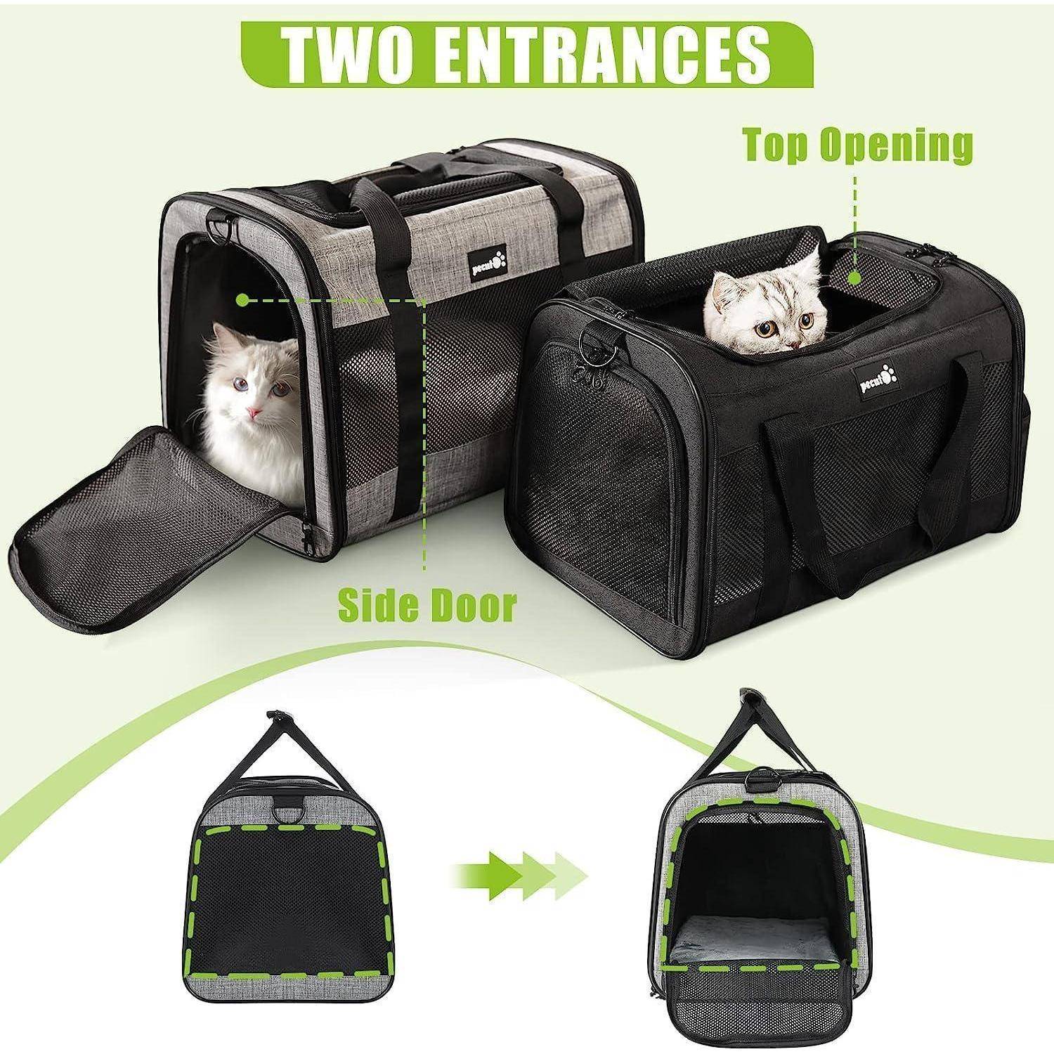 Transportboxen für Haustiere mit Netzseiten, in denen zwei Katzen zu sehen sind: eine in einer grauen Trägerbox mit Seitentür und eine andere in einer schwarzen Trägerbox mit Öffnung von oben.