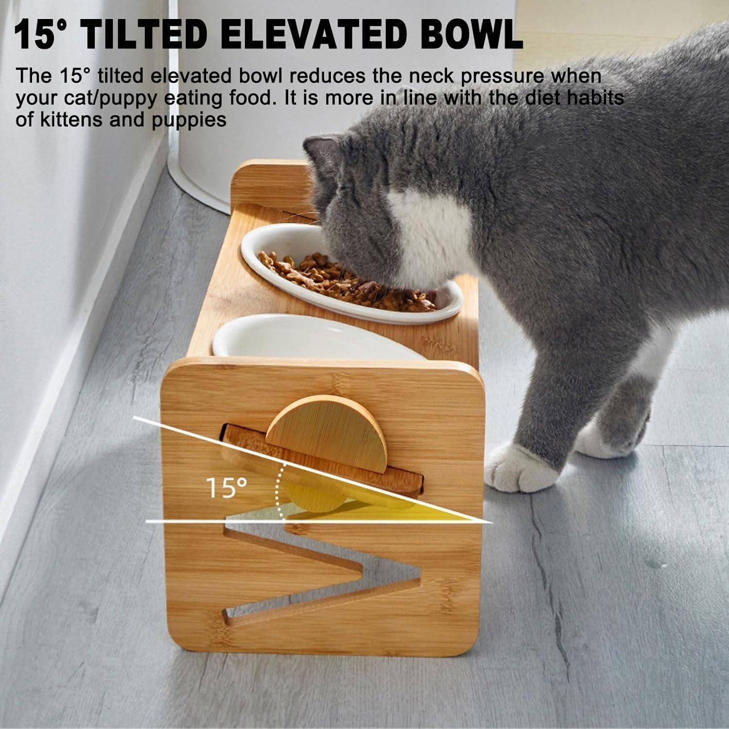 Eine Katze frisst von einer Holz-Fütterungsstation mit einer um 15 Grad geneigten Schüssel. Der Text hebt hervor, dass die Halsung der Haustiere beim Essen entlastet wird.