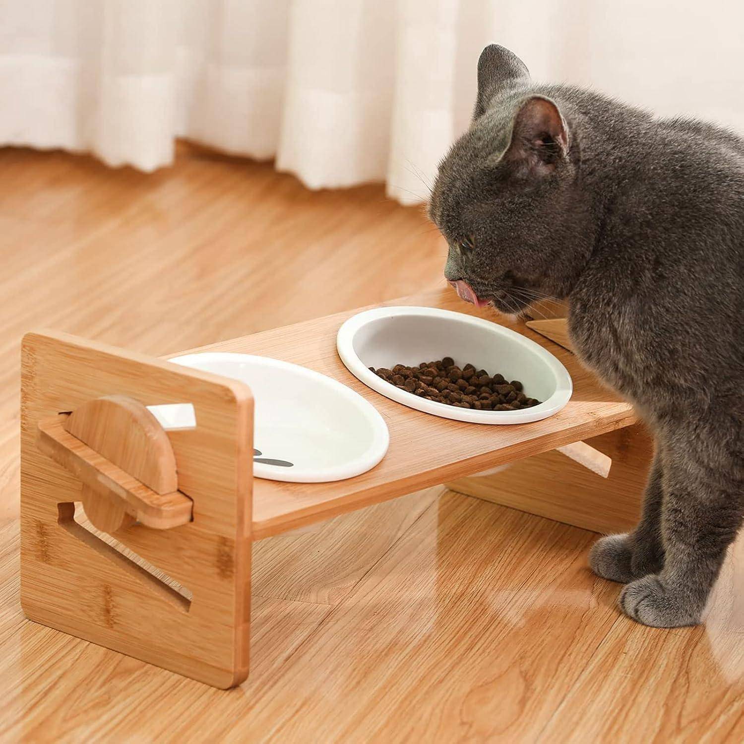 Eine graue Katze frisst aus einem hölzernen Doppelnapf-Ständer. Eine Schüssel enthält Wasser, die andere Trockenfutter. Der Aufbau steht auf einem Holzfußboden.