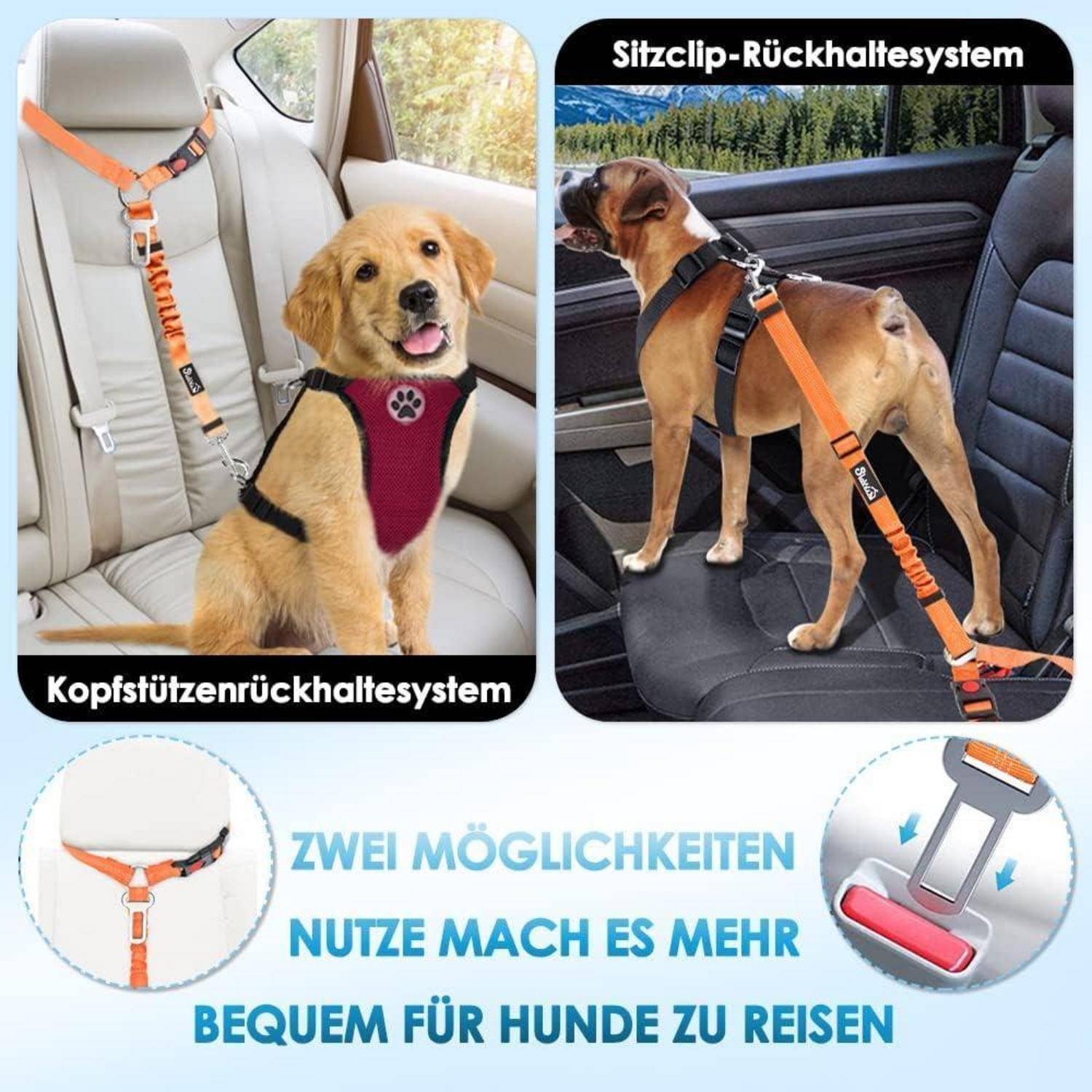 Zwei Bilder, die Hunde zeigen, die in Autositzen mit Sicherheitsgeschirren gesichert sind. Eines ist am Sicherheitsgurt befestigt, das andere am Kopfstütze. Der deutsche Text bewirbt bequemes Reisen für Hunde.