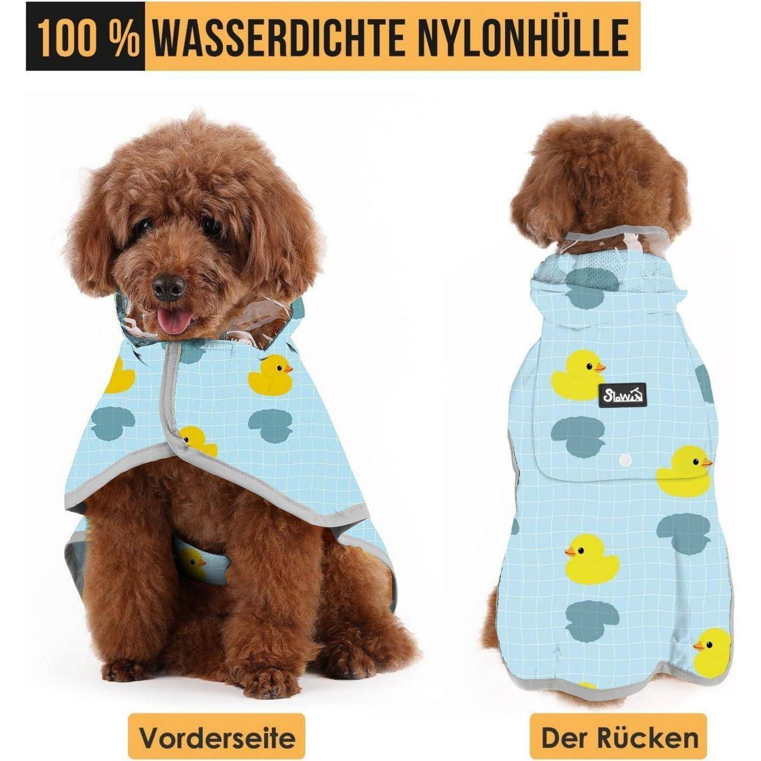 Hund mit blauem Regenmantel mit Entenmuster, Vorder- und Rückansicht gezeigt. Text: 100% wasserdichte Nylonhülle.