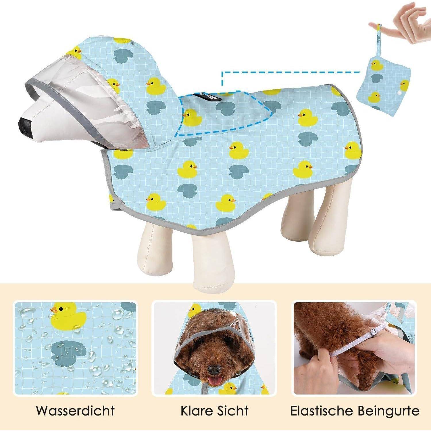 Eine Hunderegenjacke mit Entendesign, ausgestattet mit einer Kapuze, verstellbaren Beinriemen und auffälligen Details. Highlights sind das wasserdichte Gewebe und das durchsichtige Design.Inklusive einer kompakten Transporttasche.