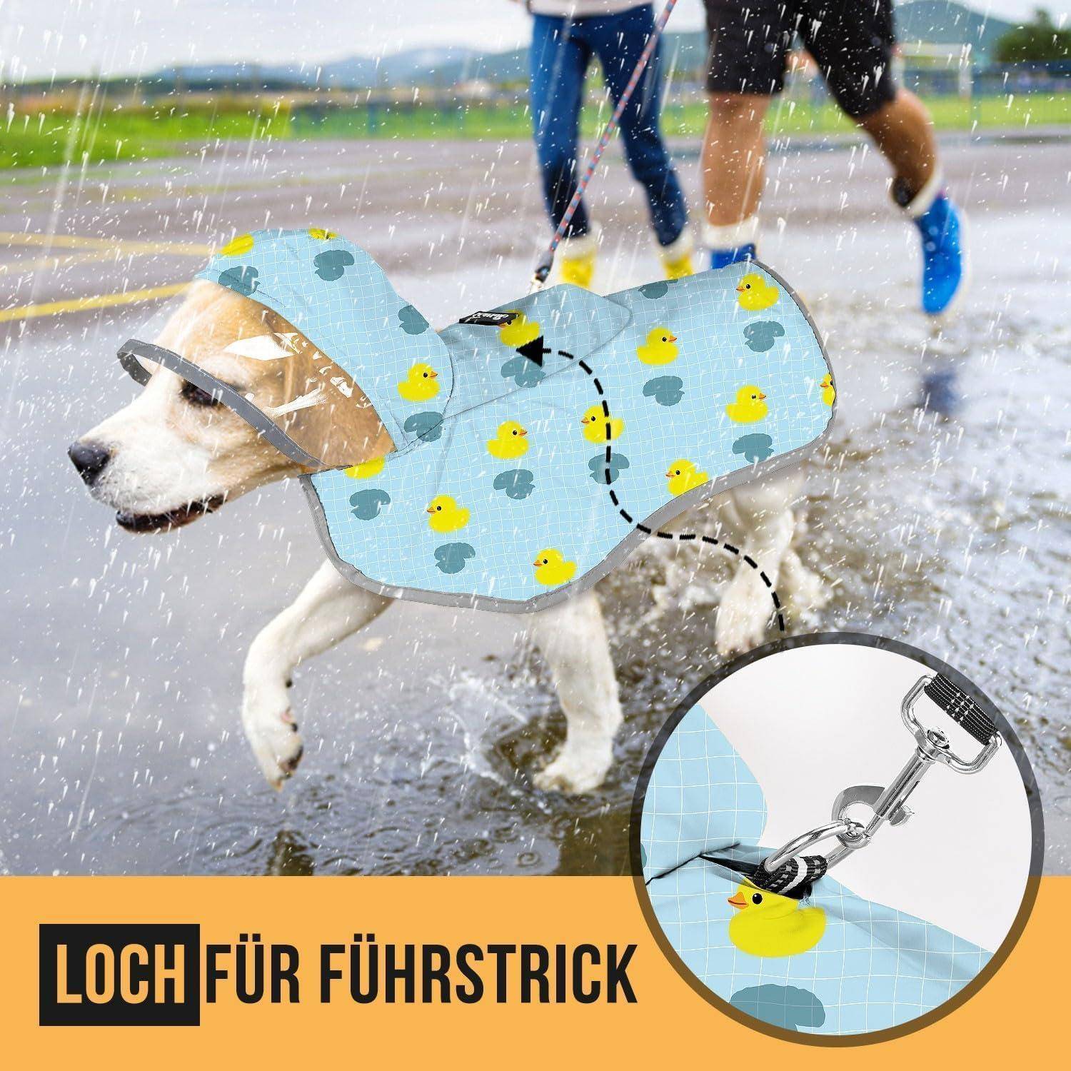 Ein Hund mit einem blauen Regenmantel mit gelben Enten läuft im Regen. Einschub zeigt Leine-Durchgang. Text darunter: 'Loch für Führstrick'.