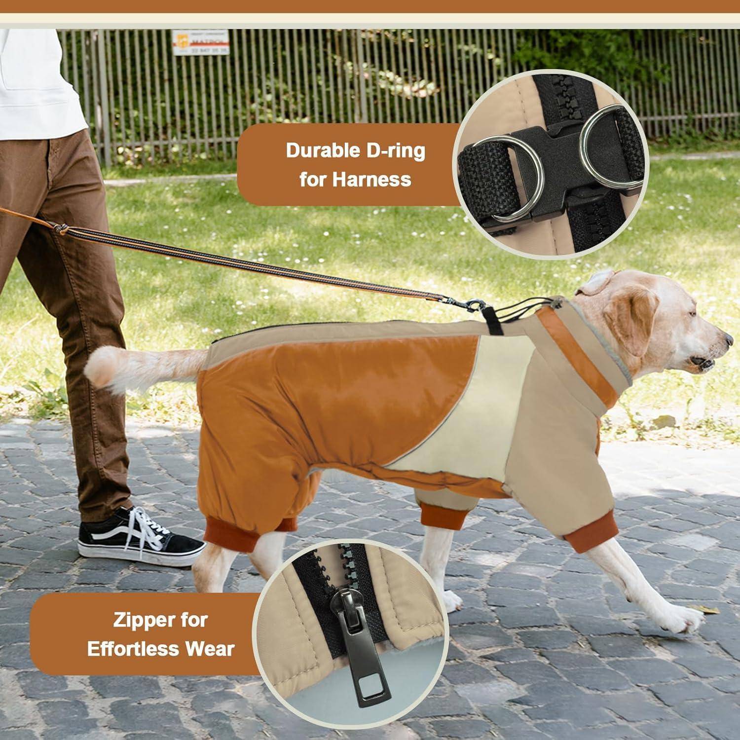 Ein Hund trägt eine braun-beige Jacke mit einer angebrachten Leine, wobei ein robuster D-Ring für das Geschirr und ein Reißverschluss zum einfachen Anziehen hervorgehoben werden.