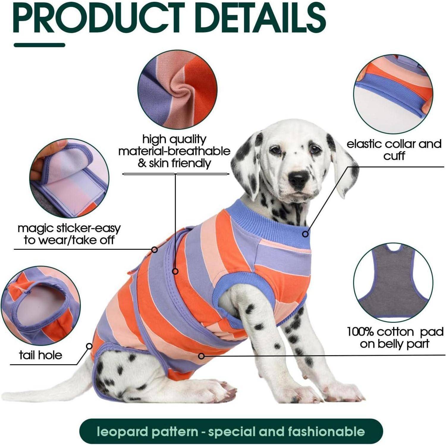 Dalmatiner Welpe trägt gestreiftes Outfit. Merkmale: hochwertiges atmungsaktives Material, elastischer Kragen/Bündchen, Klettband für einfaches Anziehen, Schwanzausschnitt.