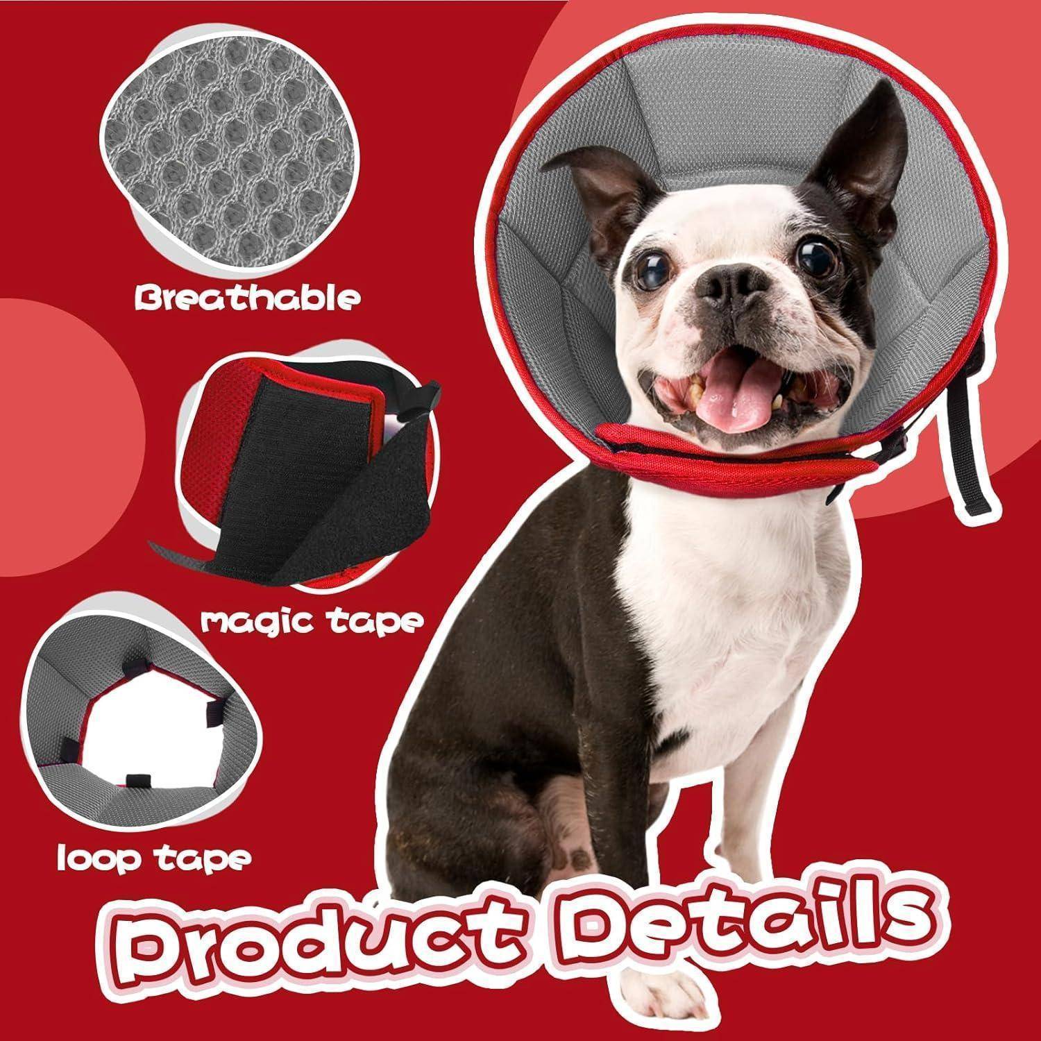 Ein Hund trägt einen Schutzkegel. Eingesetzte Bilder zeigen Produktmerkmale: atmungsaktives Material, Klettband und Schlaufenband. Text lautet 'Produktdetails'.