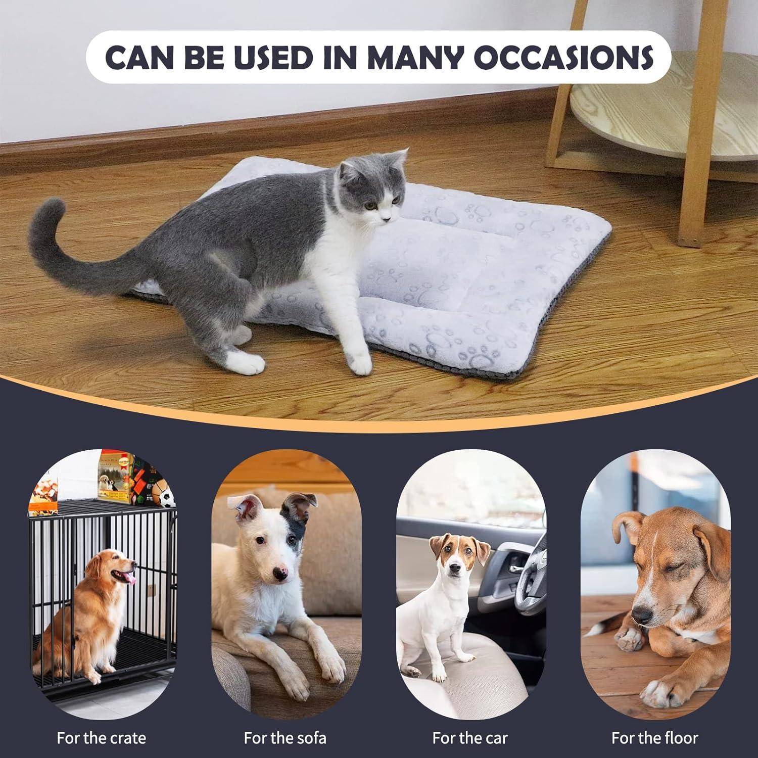 Eine graue und weiße Katze tritt auf eine graue Haustier-Matte auf einem Holzboden. Darunter zeigen Bilder Haustiere, die die Matte in einem Käfig, auf einem Sofa, im Auto und auf dem Boden nutzen. Der Text lautet: „Kann in vielen Situationen verwendet werden.